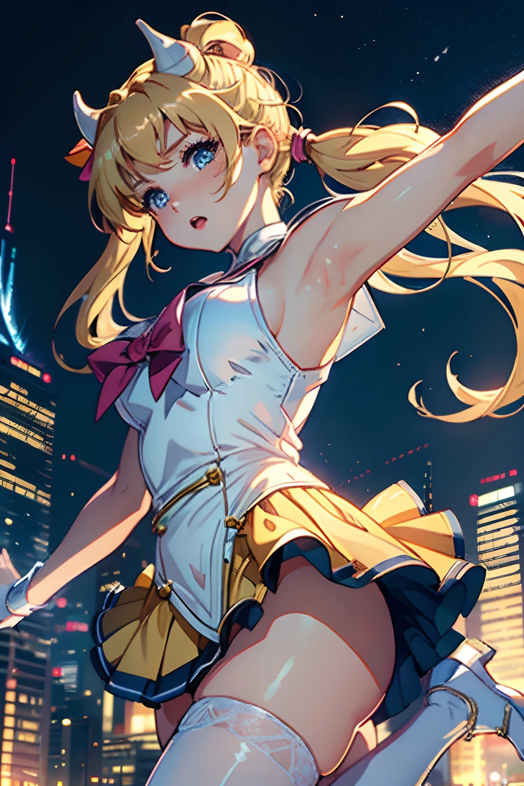 masterpiece, best quality, high resolution, city background, uhd, blond hair, comsic bright glowing dress, kawacy, young, (fantasy 1.5) pigtails hair, 4k, rainbow, kodak, oil, sailor scout, nylon, brilliant,  running, wide range, magical, lingerie, strong emotion, in love, singing, horns