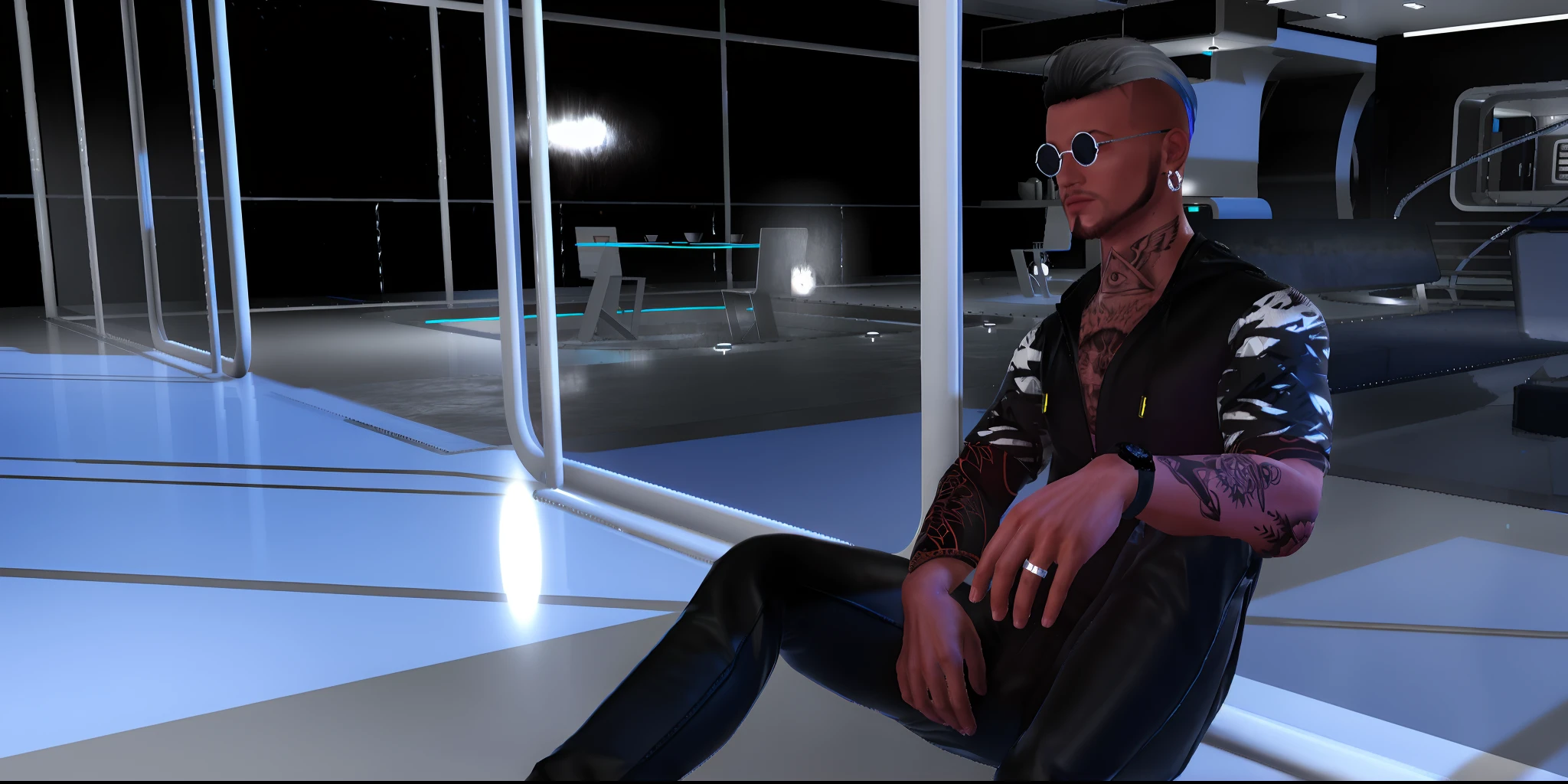There's a man sitting on a ledge in a futuristic setting, Dans Cyber Punk 2077, Cyber Punk setting, dans un contexte cyberpunk, assis dans un salon, mec cyberpunk, inspired by Aleksander Gine, wearing space techwear, Porter du cyberpunk, In a dark space mercenary outfit, mechanic punk outfit, Photo de mode cyborg, Tenue futuriste