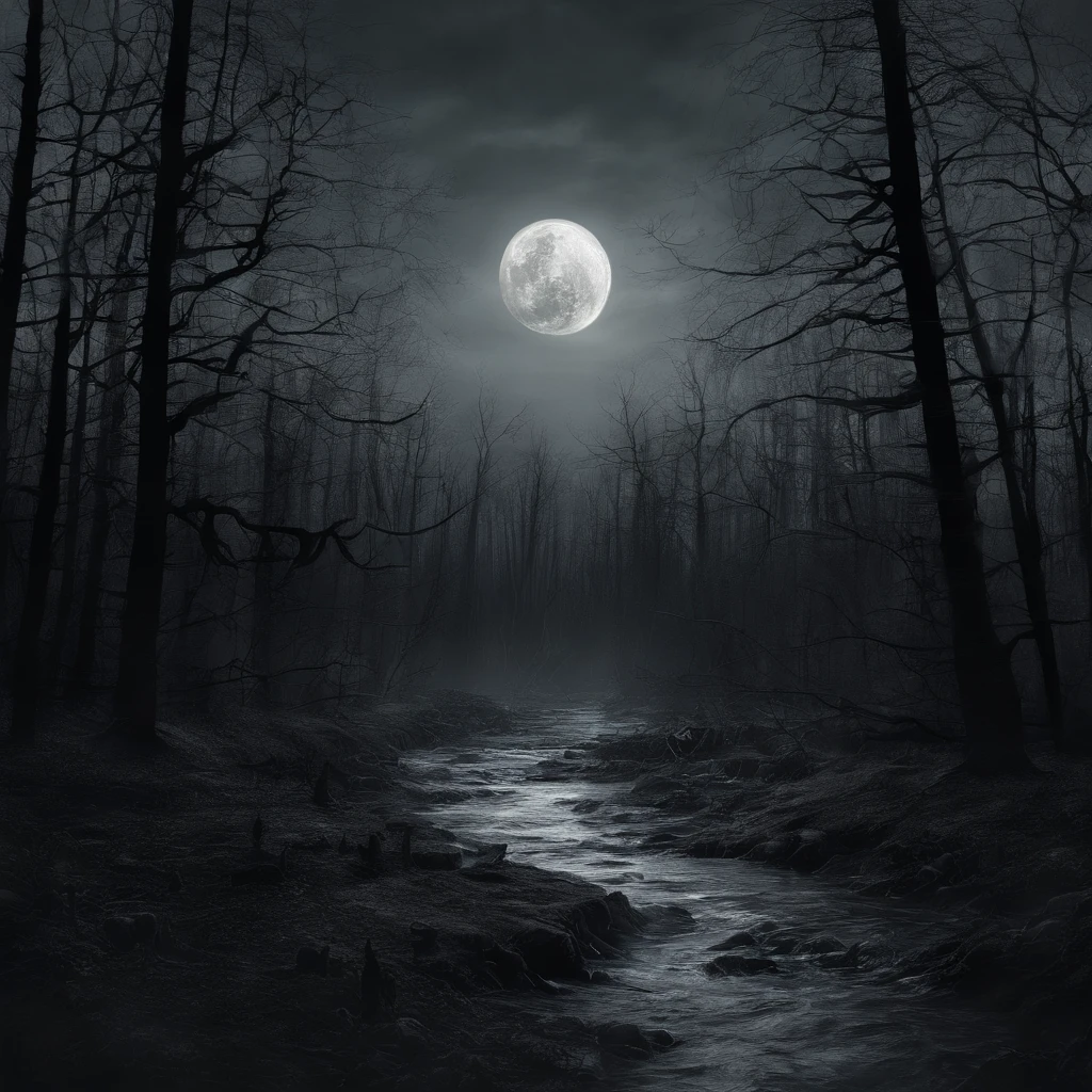The moon shines brightly, scattering cold light throughout the forest. The stream burbles as it flows endlessly toward the horizon, masterpiece, best quality