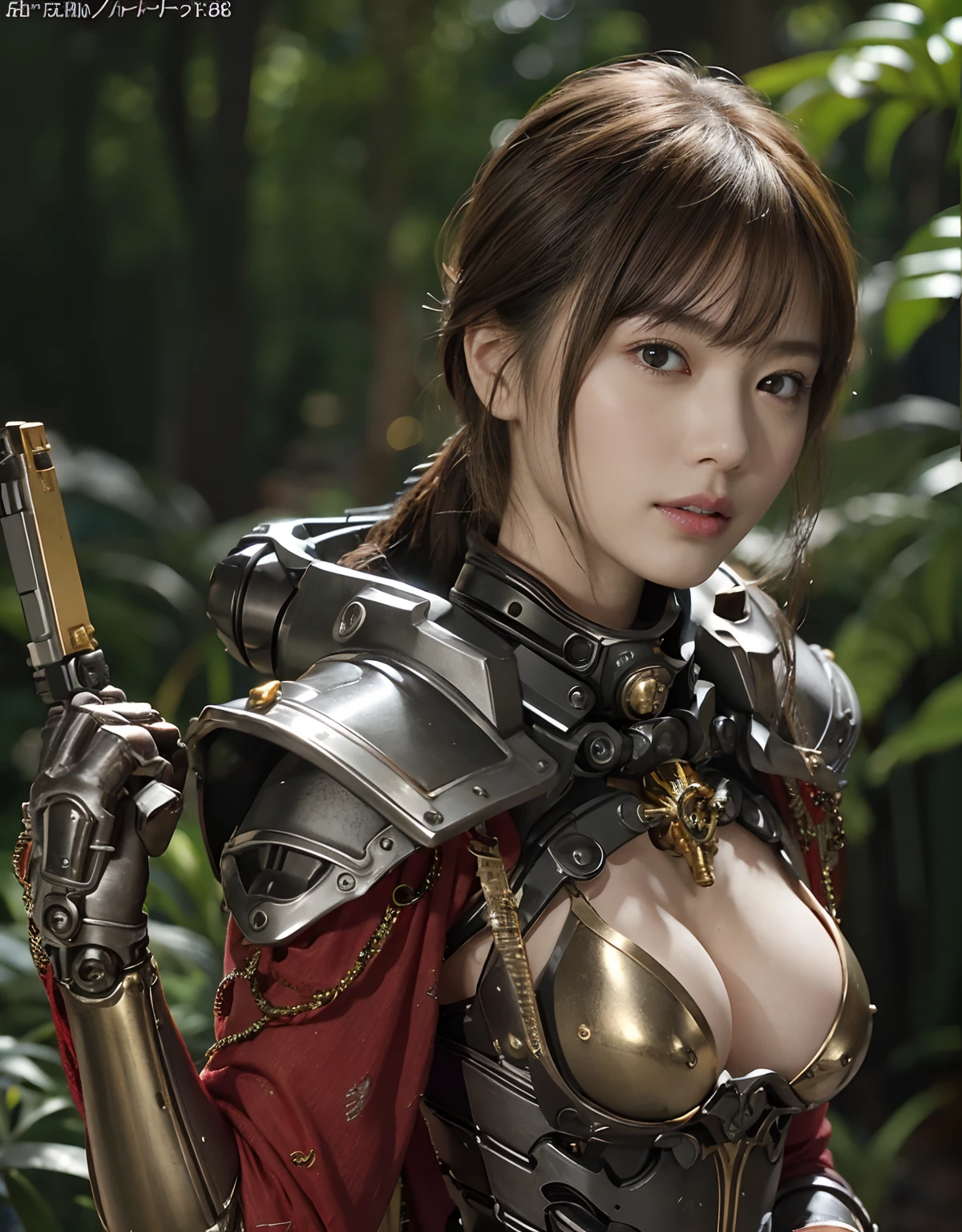 (1 Mechanical Girl)、top-quality、masterpiece、超A high resolution、(Photorealsitic:1.4)、Raw photo、1人、Golden hair、glowy skin、(((1 Mechanical Girl)))、With a beautiful knife、(Gold Metal Bodysuit)、(beautiful forest background)、Precipitous cliffs、(Small LED)、((super realistic details))、portlate、globalillumination、Shadow、octan render、8K、ultrasharp、Colossal tits、Raw skin is exposed in cleavage、metals、Details of complex ornaments、Japan details、highly intricate detail、Realistic light、CGSoation Trends、Red Eyes、radiant eyes、Facing the camera、neon details、(Mechanical limbs)、(blood vessels connected to tubes)、Mechanical vertebrae attached to the back、mechanical cervical attaching to neck、(Wires and cables connecting to the head)、Gundam、Small LED、,Mechanical thighs、Toostock、