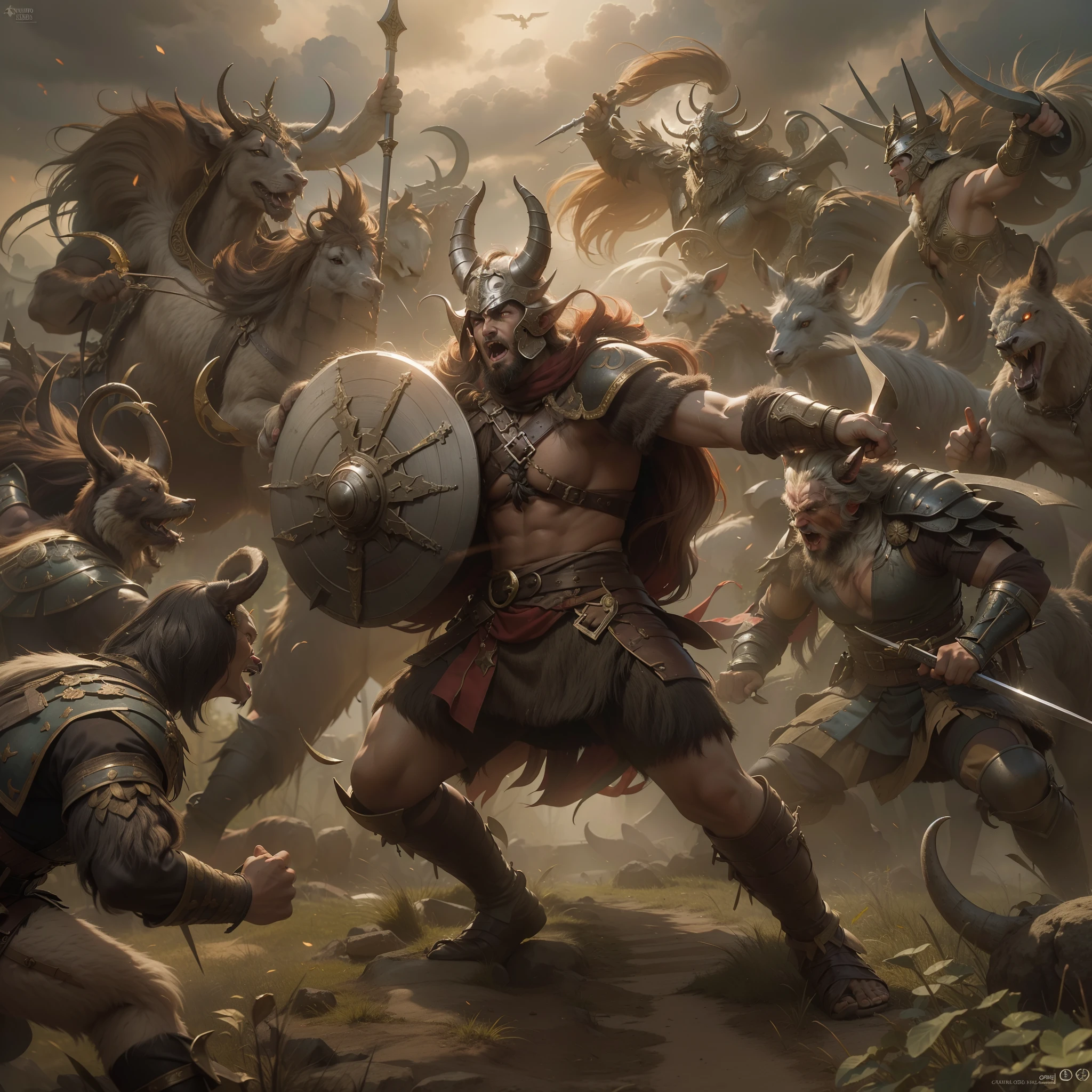 (the best quality, High resolutions, Fotorrealista:1.37), Ultra detailded, Haches de guerre vikings, Celestial radiation, Fierce warriors, Anciens champs de bataille, Warriors of Epic Confrontation, puissance intense, Guerre historique, dramatic lighting, Aura mystique, Armes divines, Champs de bataille mythiques, Legendary wrestling, Heroic champions, Fearless warriors, Ancient legends, cri de guerre, Triomphe et gloire, immersive atmosphere, Epic combat, Awesome scene, Guerriers mythiques, Vieux norrois, film-like composition, intense energy, Mythical heroes, mythical creatures, Fierce determination, Action impressionnante, poses dynamiques, Affrontement monumental, ethereal beauty, Royaumes mythiques, Force mythique, Intervention divine,Supernatural Beasts,La Guerre des mondes,Minotaure,Hidra,Centaure,Magical Beasts,Montruos Terorificos,fierras
