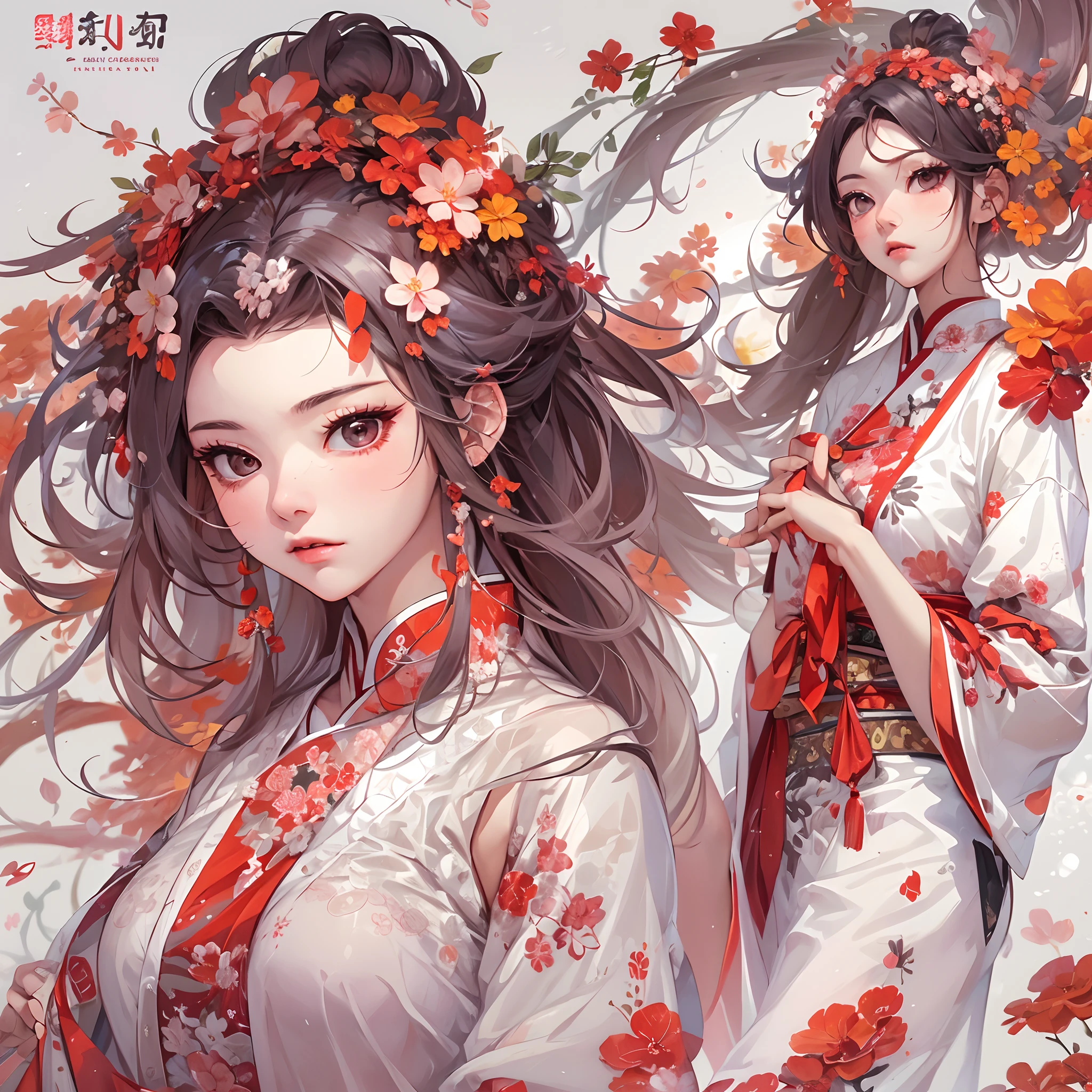 ((Masterpiece, Highest quality)), Detailed face, CharacterDesignSheet, full bodyesbian, Full of details, Multiple poses and expressions, Highly detailed, Depth, Many parts,white backgrounid,Beautiful Chinese girl,National style,red color Hanfu,gossamer,estilo fantasia,Extremely beautiful,High Balance, Natural light,Clover decoration