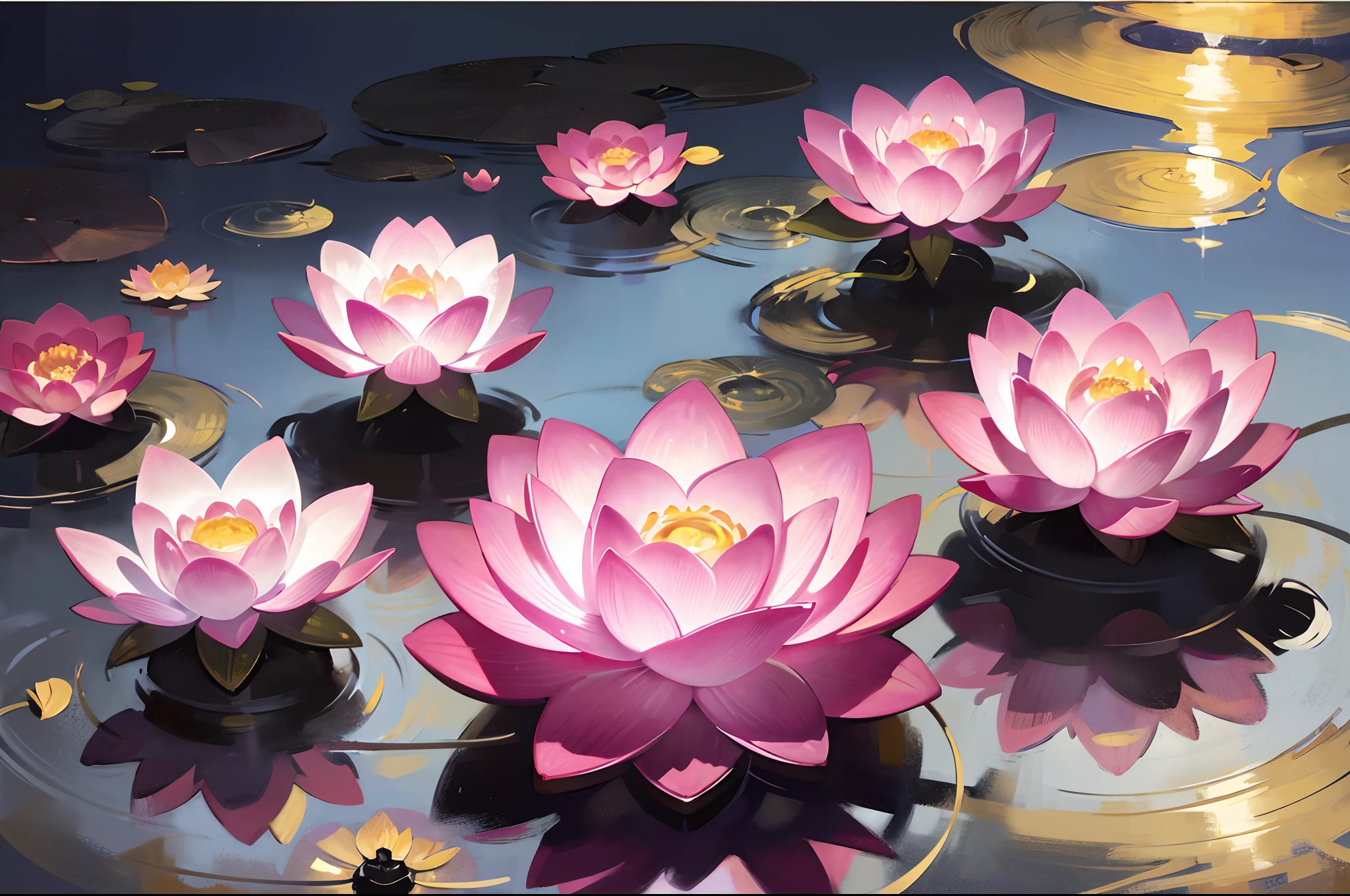 1 lotus flower made from crystal, The lotus flower rises in the center of the surrounding lotus flowers, transparent crystal, The moon casts a clear shadow in the middle of the lake, --auto --s2