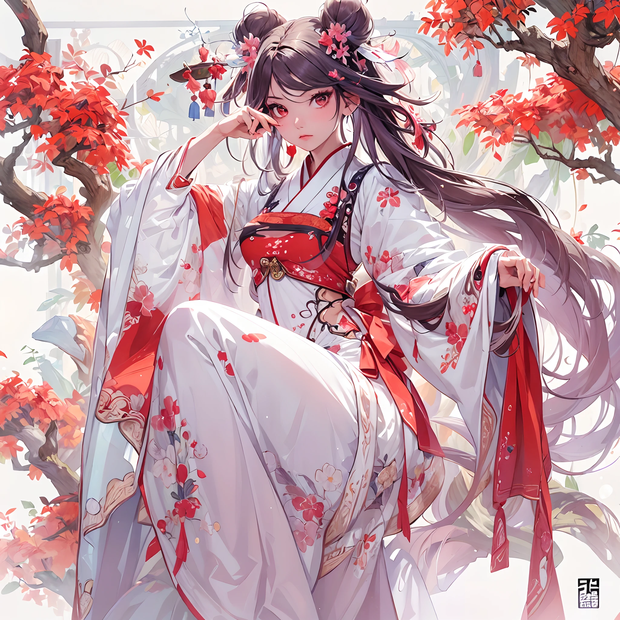 ((Masterpiece, Highest quality)), Detailed face, CharacterDesignSheet, full bodyesbian, Full of details, Multiple poses and expressions, Highly detailed, Depth, Many parts,white backgrounid,Beautiful Chinese girl,National style,red color Hanfu,gossamer,estilo fantasia,Extremely beautiful,High Balance, Natural light,Clover decoration