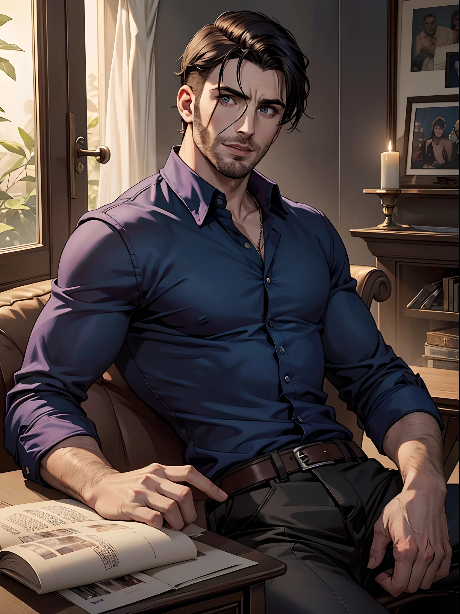 (papel de parede 8k extremamente detalhado), Tema escuro, Vampire the Masquerade, anos 2020, homem jovem, 18 anos, usando camisa social, terno e gravata, foco nítido, (subsurface scatter:1.1), fotografia premiada, rosto centralizado, rosto de Chris Evans, tiro de meio corpo:1.1, cabelo castanho claro, olhos azuis, in a family meeting room, contented expression, lighting dramatic