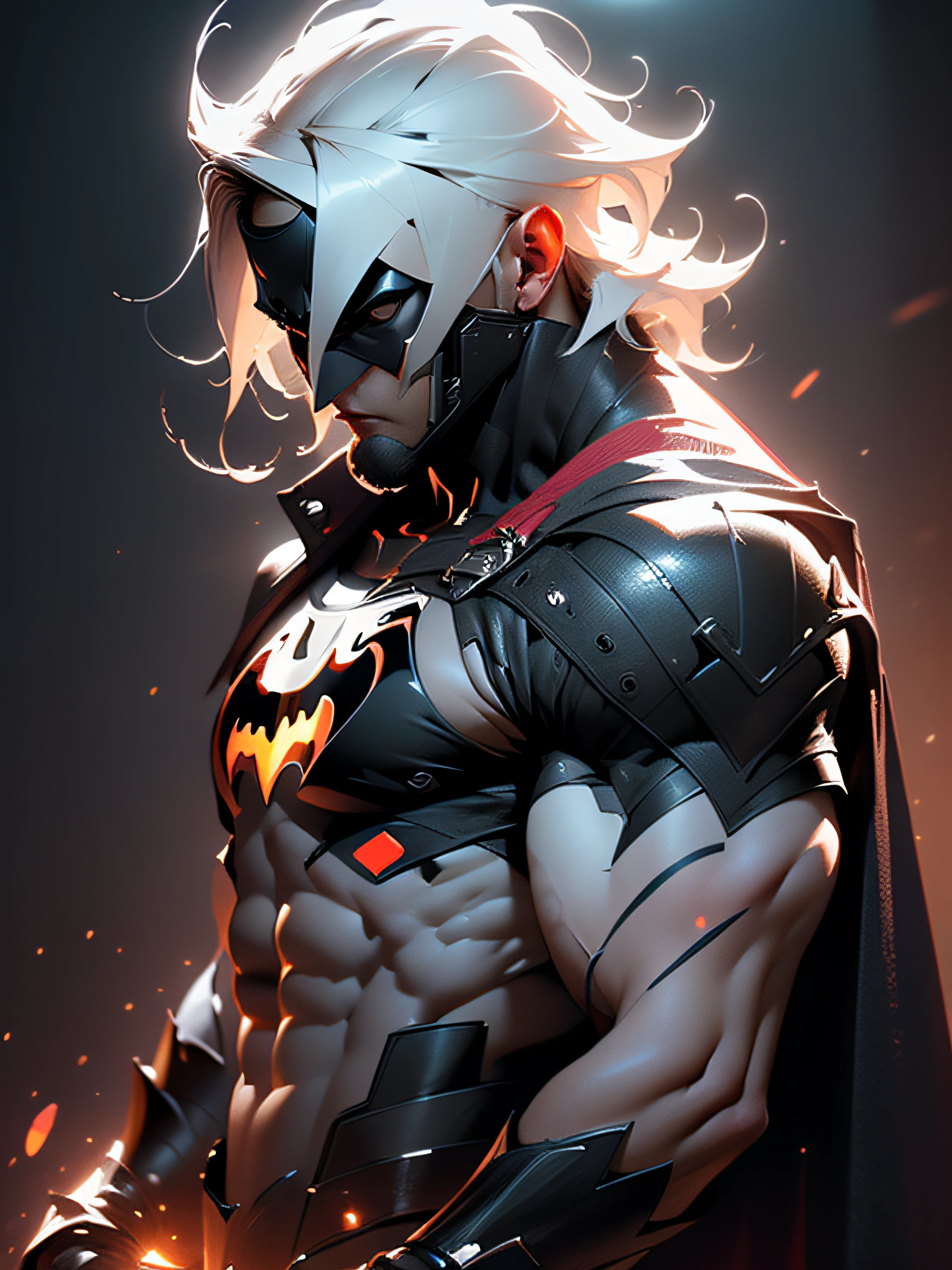 (Best Quality), ((Masterpiece), (Detail: 1.4), 3D, A batman beyond with a cape and mask, HDR (High Dynamic Range),extremely muscular man, face under batman mask , High Contrast, large biceps, well built muscular body sharp features, Ray Graphics by Clothing, On A Lunar Station, Ships Can Be Seen Through The Large Window, Satin Apparel, Ray Tracing, NVIDIA RTX, Super-Resolution, Unreal 5, Subsurface Scattering, PBR Textures, Post-Processing, Anisotropic Filtering, Depth of Field, Maximum Sharpness and Sharpening, Multilayer Textures, Albedo and Enhancement Maps, Surface Shading, Accurate simulation of dark-material interactions, perfect proportions, Octane Render, Two-color red black darkness, large aperture, low ISO, white balance, rule of thirds, 8K RAW,