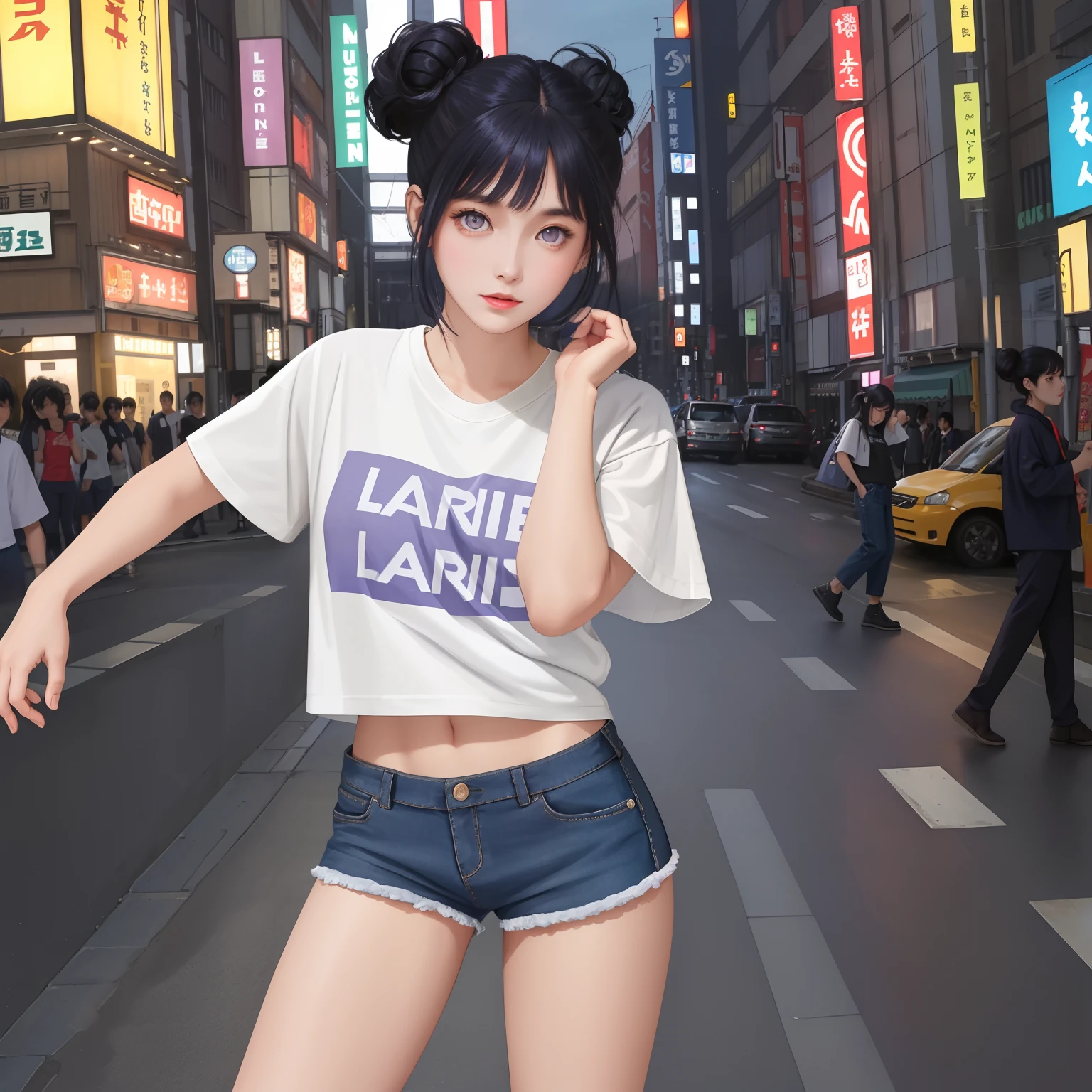 glamour magazine portrait of sks woman with (large eyes:1.2) and dark blue highlights medium hair Double bun in a t-shirt and short shorts1.5 , head tilted , standing in a dynamic pose in in a busy Tokyo street , fashion model, official balmain editorial, dramatic lighting highly detailed, analog photo, overglaze, 80mm Sigma f/1.4, (long torso:1.4), long body, slim body , Blunt Bangs, purple eyes, dark blue hair