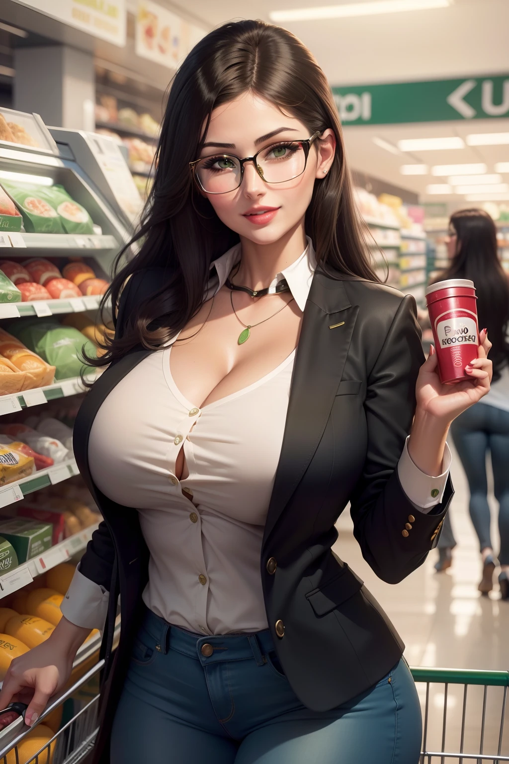 lucy pinder, portrait, face portrait, smiling, black hair, straight hair, glasses, blouse, green blazer, jeans, red lips, voluptuous, in the supermarket