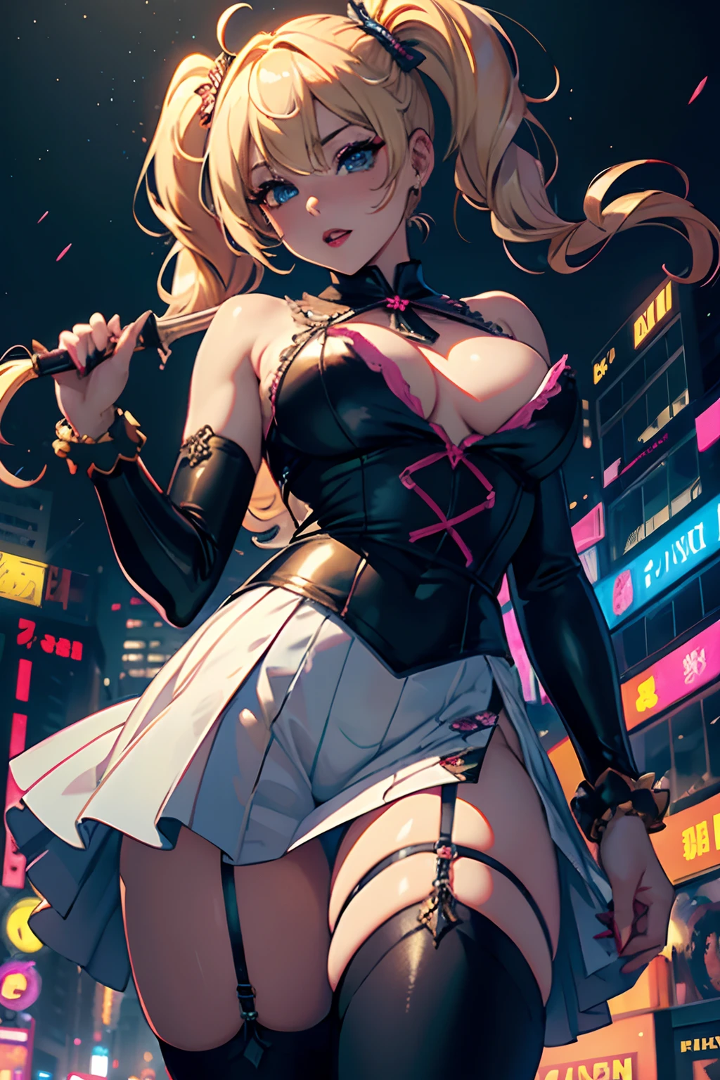 masterpiece, best quality, high resolution, city background, uhd, blond hair, comsic bright glowing dress, kawacy, young, (fantasy 1.5) pigtails hair, 4k, rainbow, kodak, oil, scout, nylon, brilliant,  running, wide range, magical girl, lingerie, strong emotion, in love, singing, horns, make up, lipstick eyeshadow thick lashes, over proportion,  monster features,  alien features.