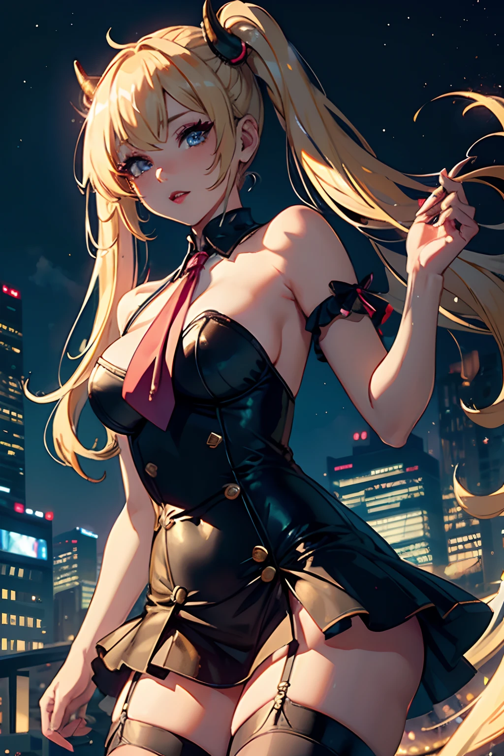 masterpiece, best quality, high resolution, city background, uhd, blond hair, comsic bright glowing dress, kawacy, young, (fantasy 1.5) pigtails hair, 4k, rainbow, kodak, oil, scout, nylon, brilliant, running, wide range, magical girl, lingerie, strong emotion, in love, singing, horns, make up, lipstick eyeshadow thick lashes, over proportion, monster features, alien features.