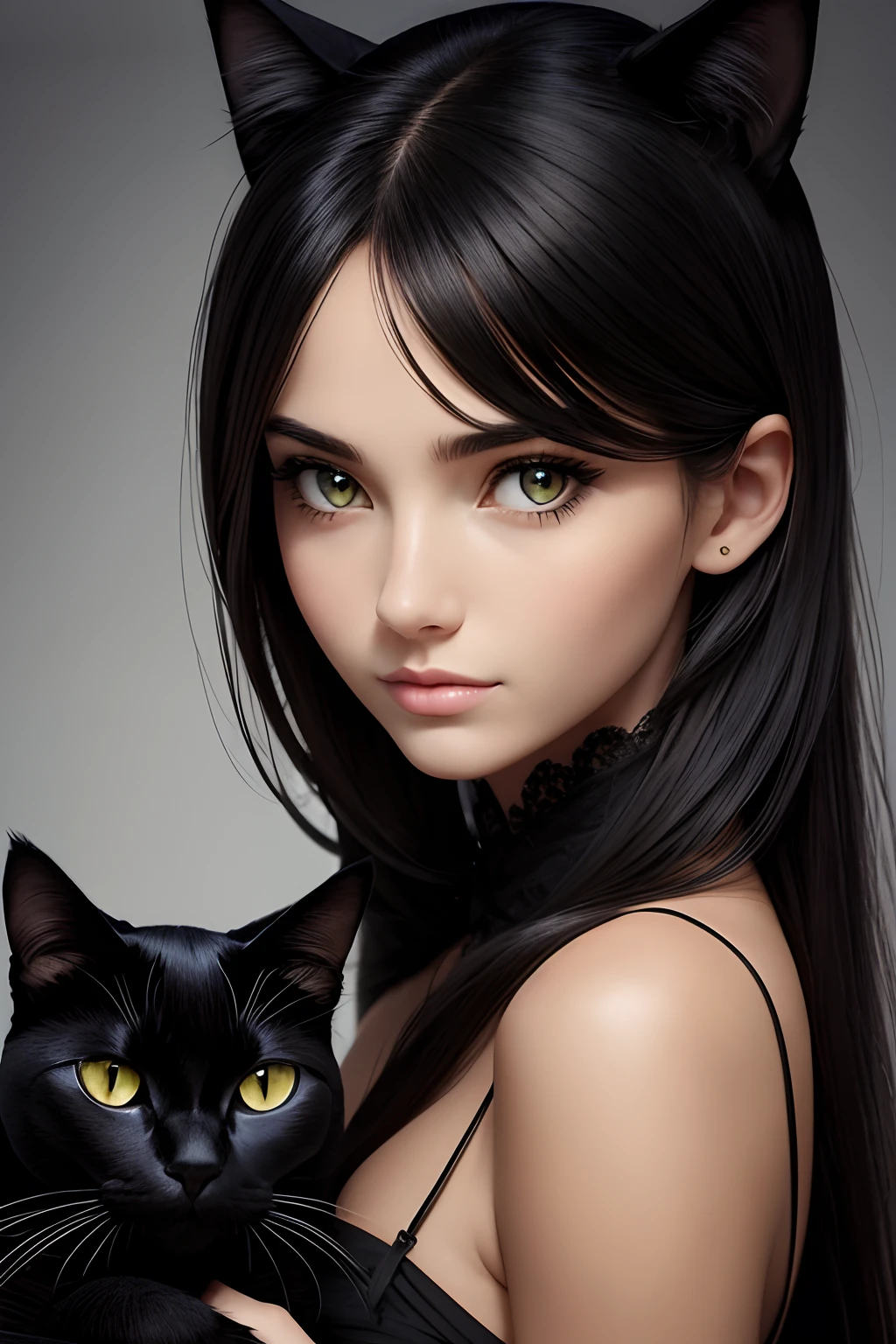 Girl with a black cat, beatiful face, immense detail, high detail, Gorgeous face,Beautiful expressive look, perfect anatomy