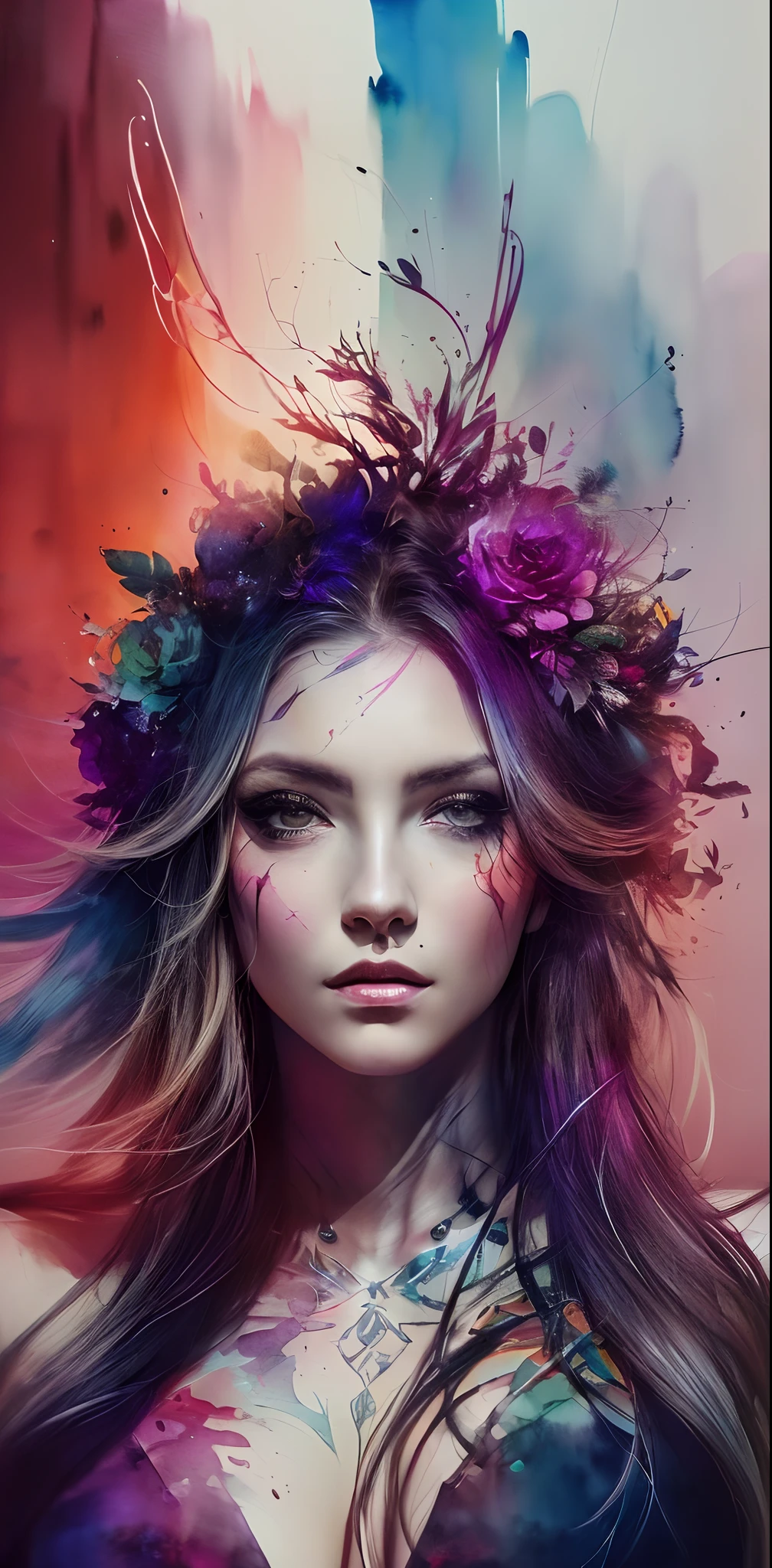 abstract beauty, druid girl, centered, looking at the camera, approaching perfection, dynamic, moonlight, highly detailed, watercolor painting, artstation, concept art, smooth, sharp focus, illustration, art by Carne Griffiths