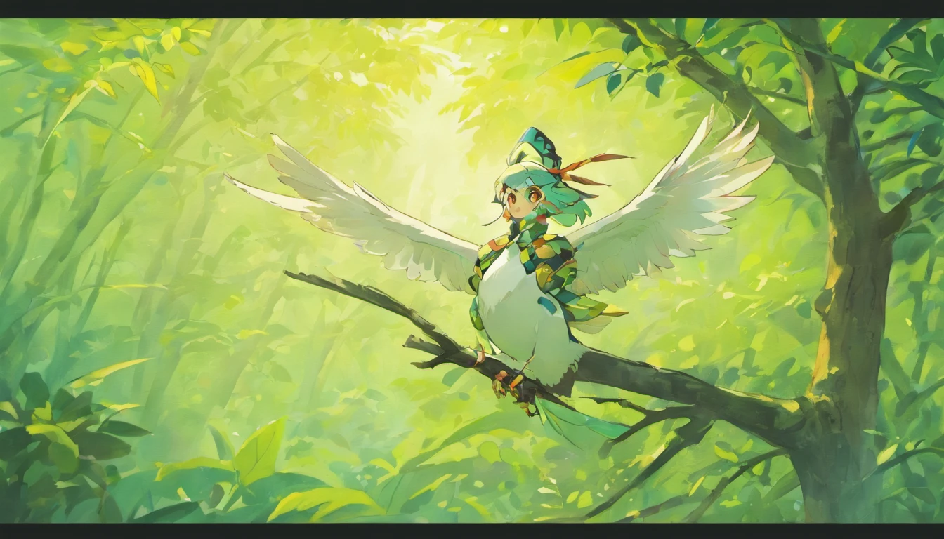 A hornbill comes to life perched on a green tree branch,Traditional watercolor hand-painted style。