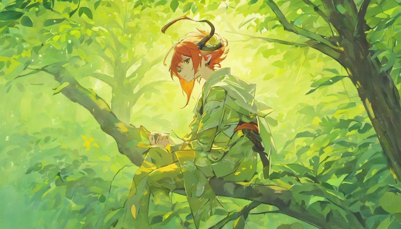 A hornbill comes to life perched on a green tree branch，Traditional watercolor hand-painted style。