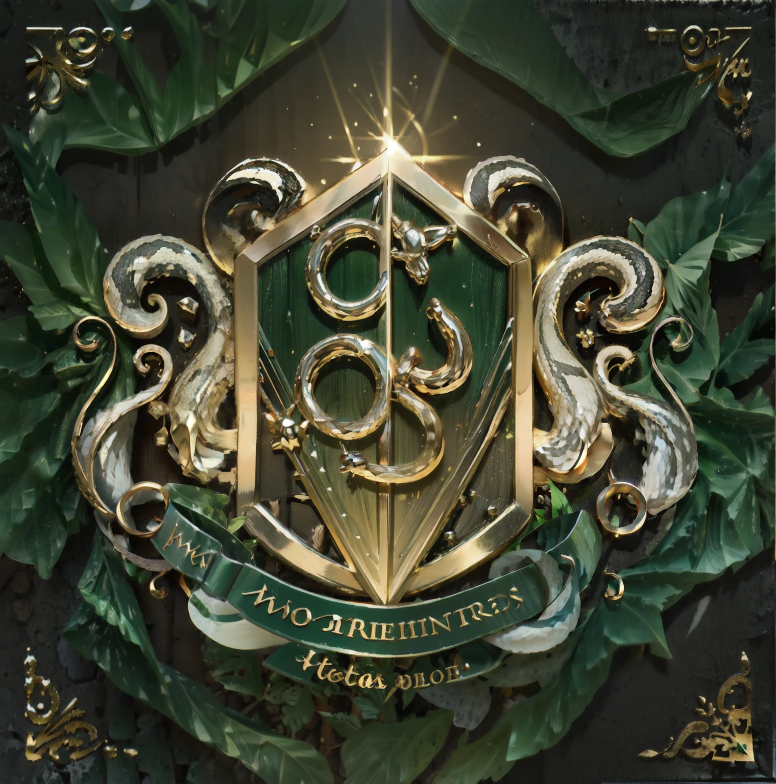 Create a veterinary medicine coat of arms that stands out for its unique and attractive details. Incorporate elements that represent dedication to animal health and welfare, as well as medical expertise. Use como cores verde, gold and white to convey a sense of passion and dedication. Include the symbol that is already in use. Add bay leaves around the coat of arms. No centro, posicionar uma cobra com o corpo enrolado em torno de um cajado, with the letter 'V' formed by Greek beams behind the snake. Em cima do palito, Coloque uma pedra verde esmeralda, brilhante e vivo. Make sure the stick floats vertically. Use um simples, Golden frame around the coat of arms, com as folhas de louro tecidas na moldura.