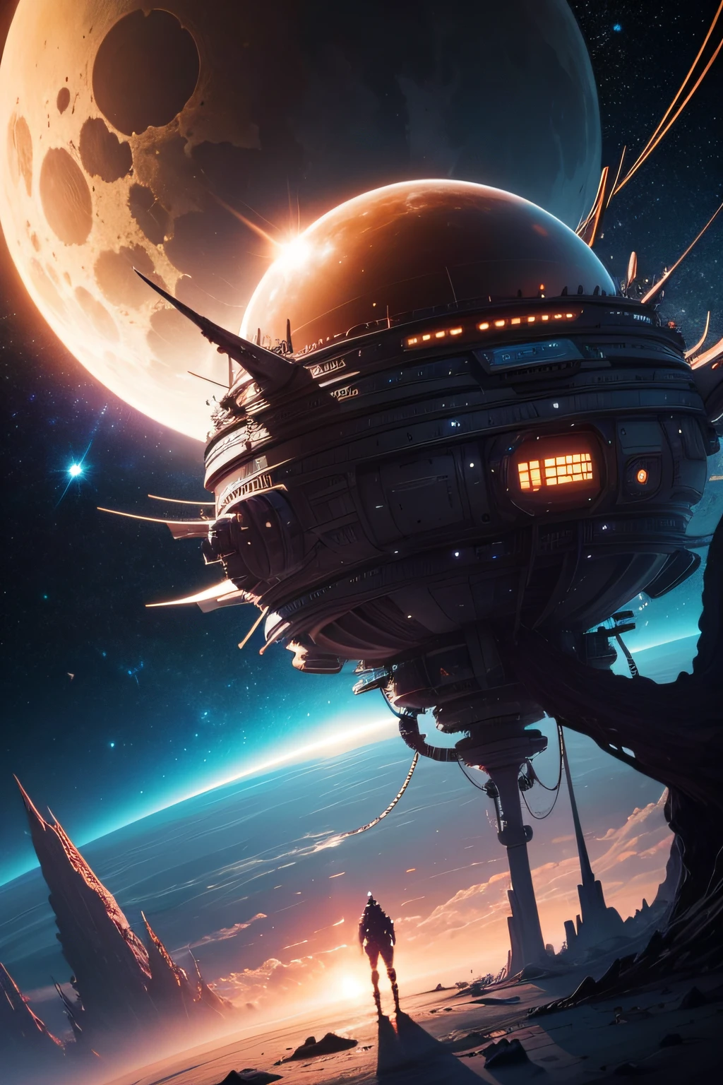 a manga alien spaceship, it is very detailed and very futuristic. Many accessories and details are visible. in the distance we see a planet and the sun, and an explosion of stars