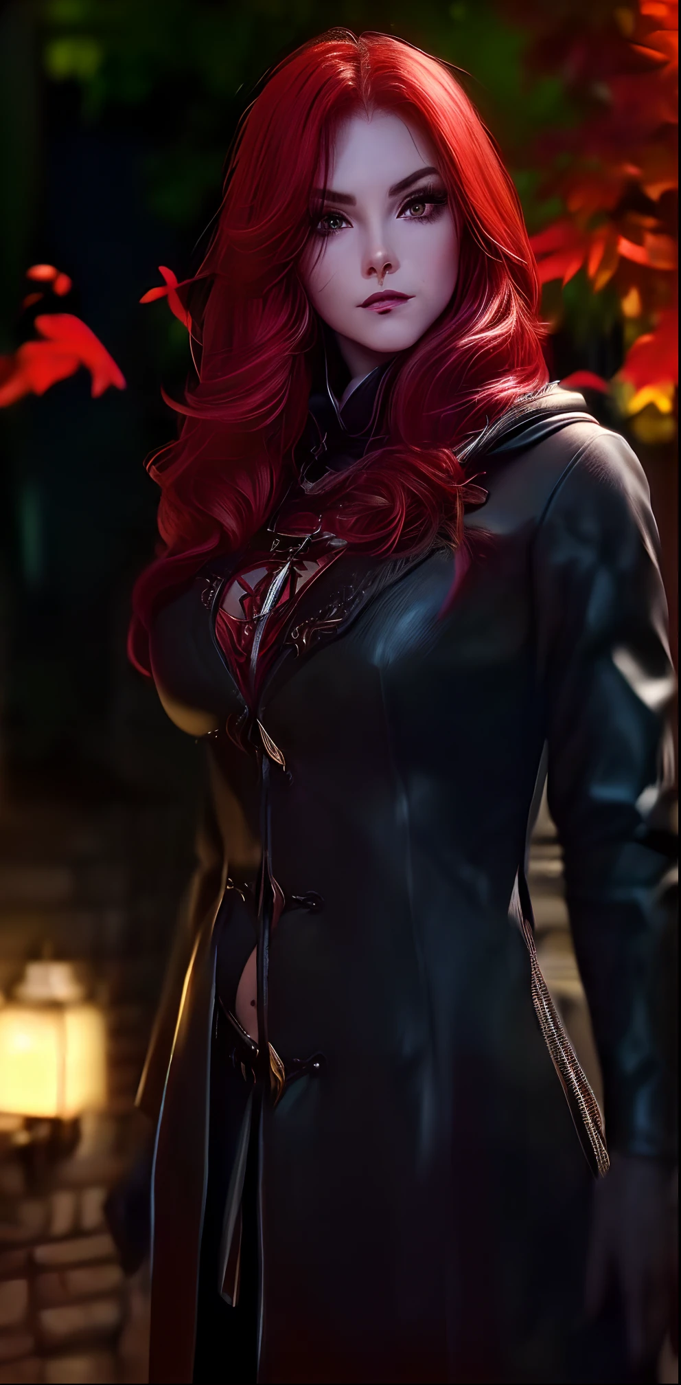 extremely beautiful red riding hood, subtle makeup, golden hour, photorealistic, high contrast, 8k HD, detailed, hyper-detailed, realistic skin texture, covered with red hood, large breast, best quality, ultra high res, raw photo, dramatic lighting, unreal engine, diffuse glow, intricate red hood, outdoor, realistic detailed dark forest, falling leaves, breeze, holding dagger,Movie Still,male,HZ Steampunk