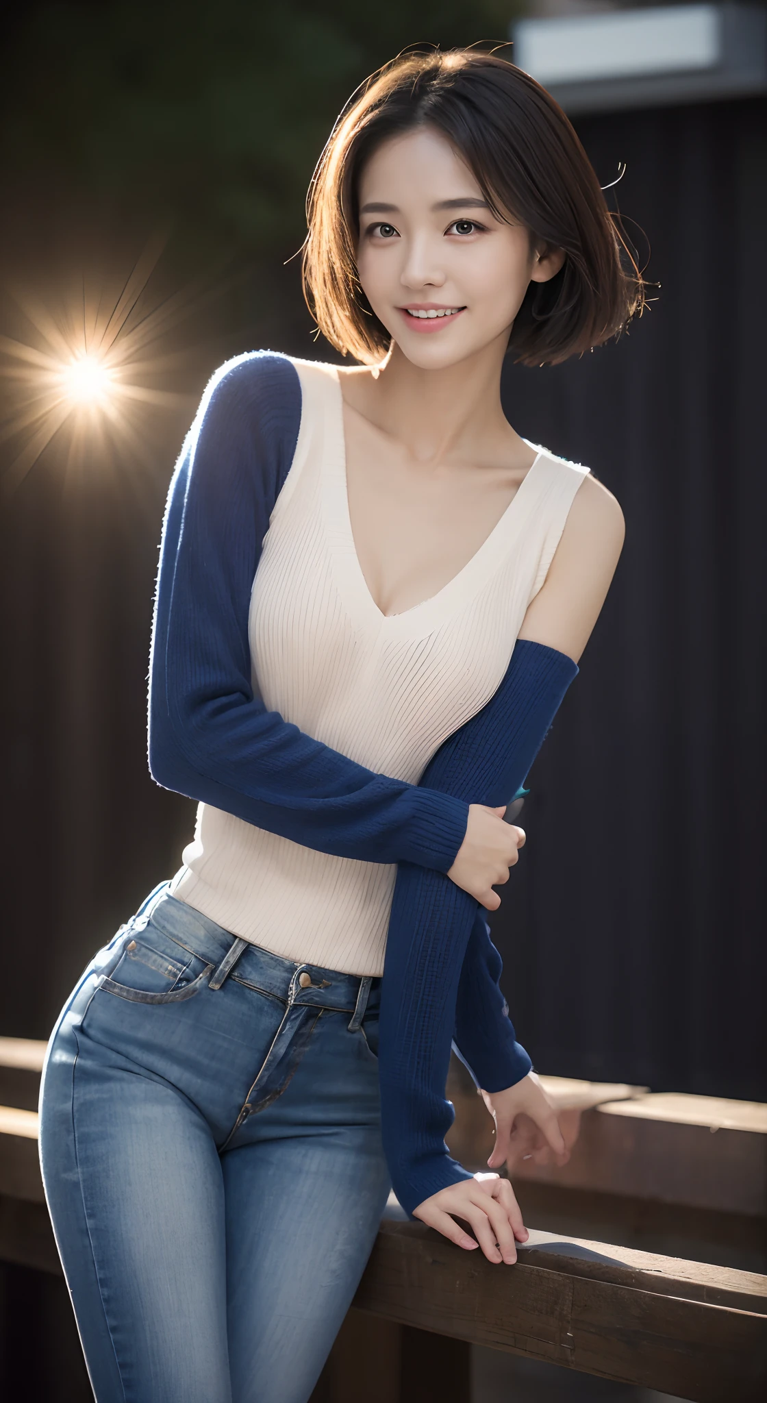 (skin blemish:1.2), (skin indentation), dark circles, 1womanl, 25 age old, (((woman))), Solo, Realistic, Best quality, Photorealistic, Mastery, 8K, A high resolution, Solo, Extremely detailed face, (Professional lighting，Bokeh），（light particules，lens flare glow，Luminous Particle：0.6），（dynamicposes：1.2），gentlesoftlighting，Top corner view，Trendy atmosphere，jpn，the street，城市，toyko，ports，（（In the daytime)), Skysky, ((looking at viewert:1)), (looks into camera), opulent, lovemaking，Dignified standing，Show off your figure，The posture is diverse, keep original facial proportion, Shave your shoulders, full bodyesbian, (Bigchest), (short detailed hair，bobo head), A brown-haired, Hair is delicate and soft，Fluttering, cparted lips, lipsticks, Seductive smile, ssmile, Open-mouthed, teeth, (Blue skinny sweater), (Wash blue）（skintight jeans),detailed outfits:1.5， eyeslashes, birthmark, (Moles under eyes: 1),Legs are well-proportioned, Slender and fair，A pair of lotus ankles are white and tender，without wearing shoes，Beautiful feet with meticulous details，Focus on the chest，standing on your feet，fully body photo