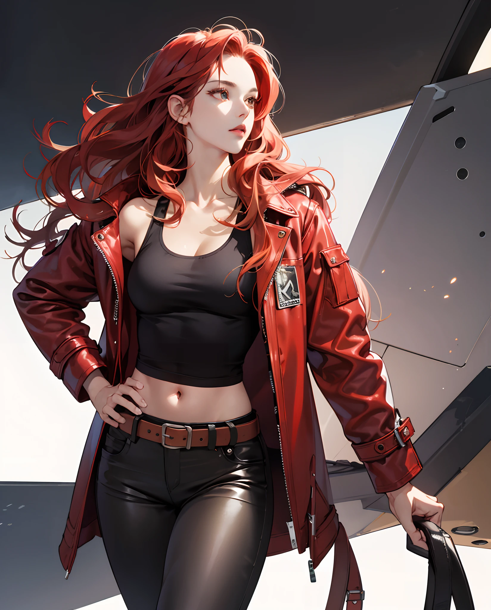 A close up of a woman in a red jacket and black pants - SeaArt AI