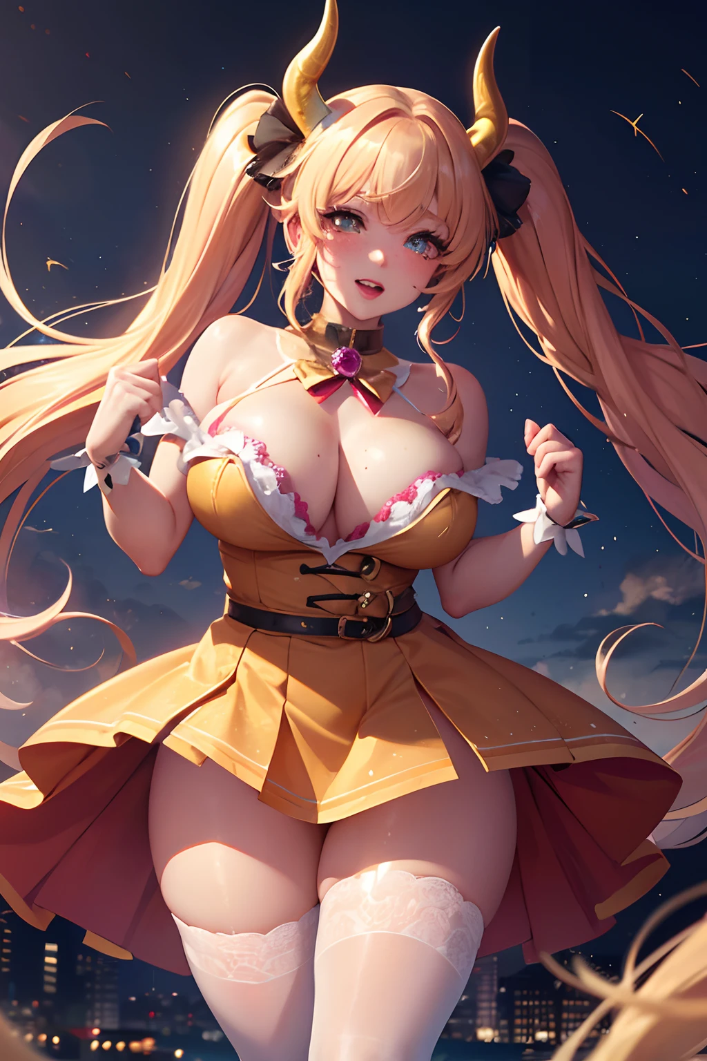 masterpiece, best quality, high resolution, city background, uhd, blond hair, comsic bright glowing dress, kawacy, young, (fantasy 1.5) pigtails hair, 4k, rainbow, kodak, oil, scout, nylon, brilliant, running, wide range, magical girl, lingerie, strong emotion, in love, singing, horns, make up, lipstick eyeshadow thick lashes, over proportion, monster features, alien features, summer time, freckles, voluptuous, bimbo