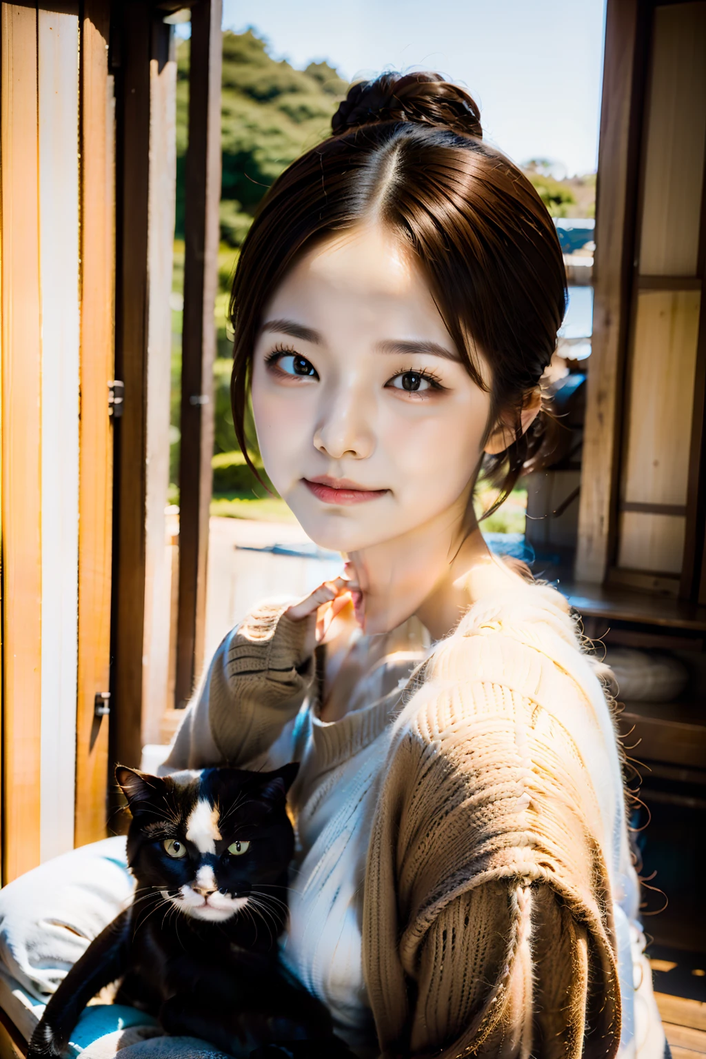 top-quality、Girl holding a black cat、Cute little girl s、Bun hair with brown hair tied、Smirking expression、Cat、Natural look、longshot、Natural light