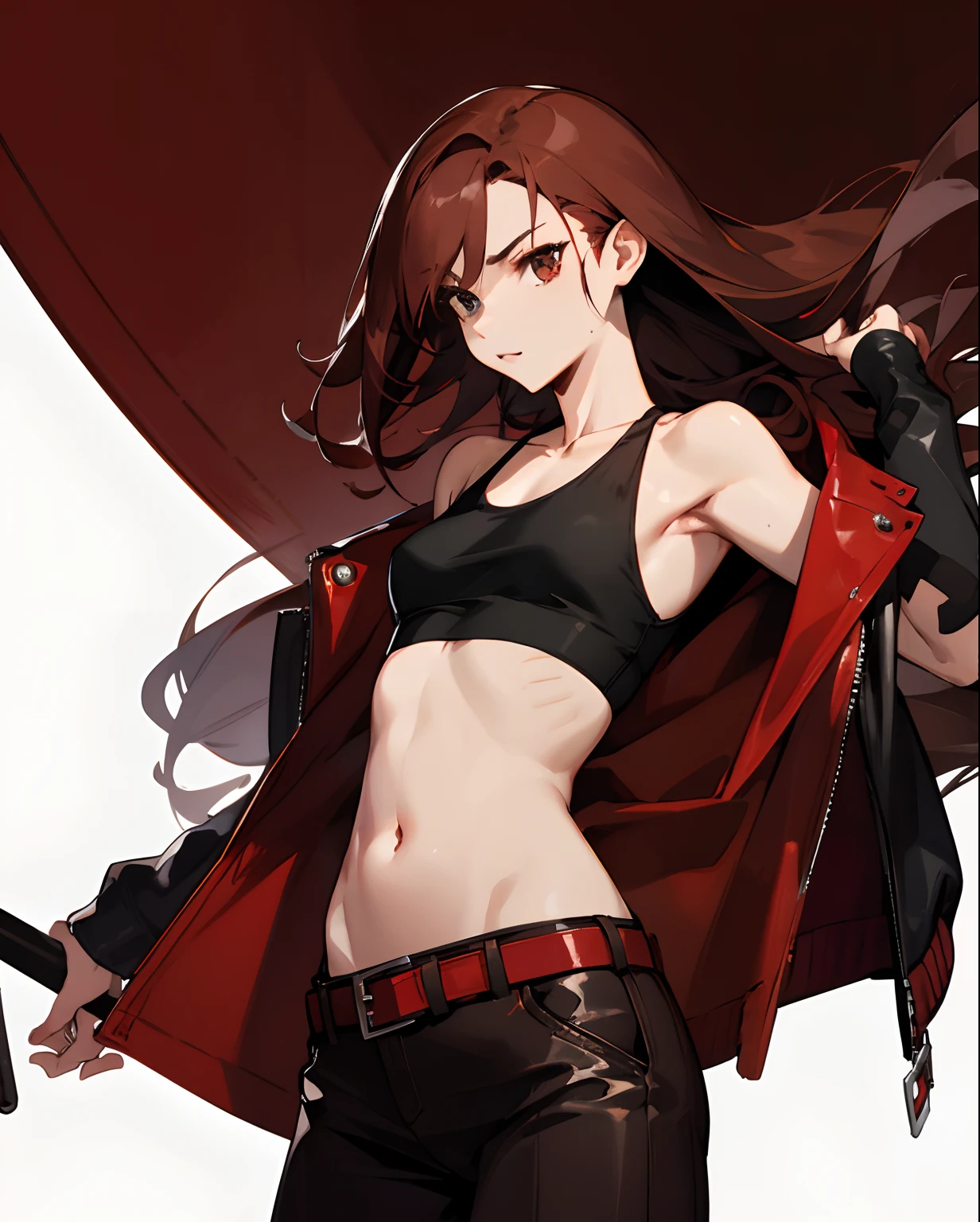 femele,Beautie,A sexy,late 20s age,red brown hair,length hair,Wave,Red,jaket,razor,Leather Pan Belt,Tank Tops,Navel Ejection,A slender,Body,Real Images,glareing,With keen eyes