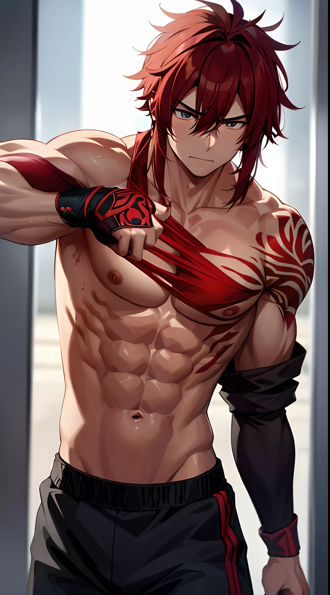 Yuijiro Hanma, a red-haired man, stands in a cowering gym decorated with a demonic figure. His strong, well-defined muscles are the focus of his intense training. His red hair was wild and unruly, and his black pants were tight against his body. The light reflected from behind him, highlighting the intricate details of the tattoo. His body waves and relaxes as he increases his strength, and his strength and mentality are evident in his posture.