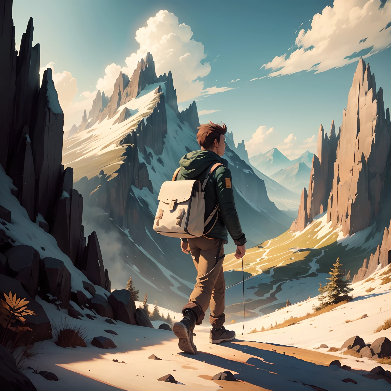 A male Cartoon character walking between the mountains with money bag money flow down from his bag