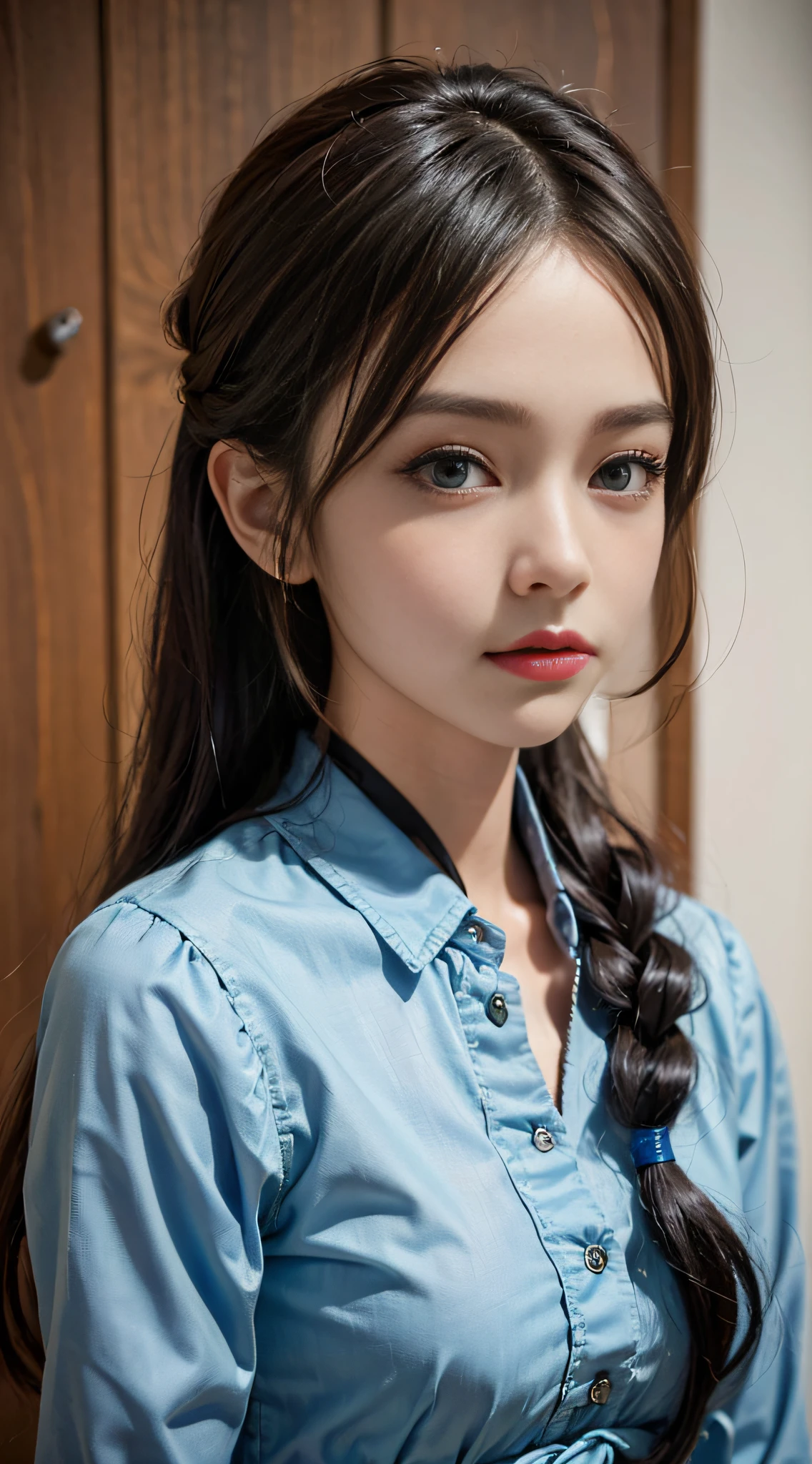 ((​masterpiece:1.4)、(top-quality:1.4)、(reallistic:1.7))、masuter piece:1.4、Kawaii Girl、Portrait photo of a girl、Close-up photos、Upper body photography、beautiful countenance、kawaii faces、A detailed eye、Draw the eyes clearly, Beautiful and attractive eyes、beautidful eyes、Narrow waist、poneyTail、Raw photo、red-lips、1 screen display、