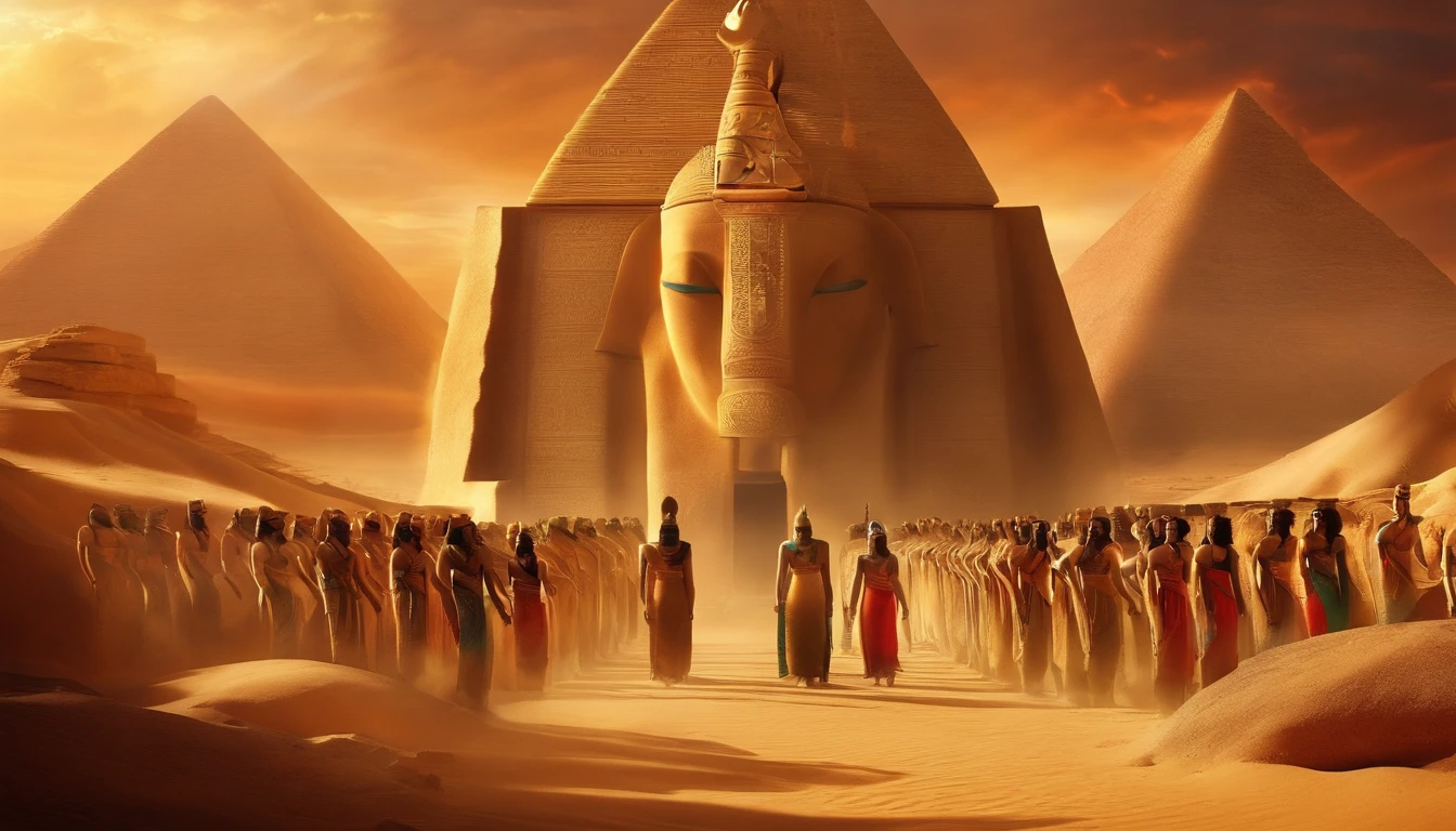 image of gods and goddesses emerging from Ra's thoughts, egytian style