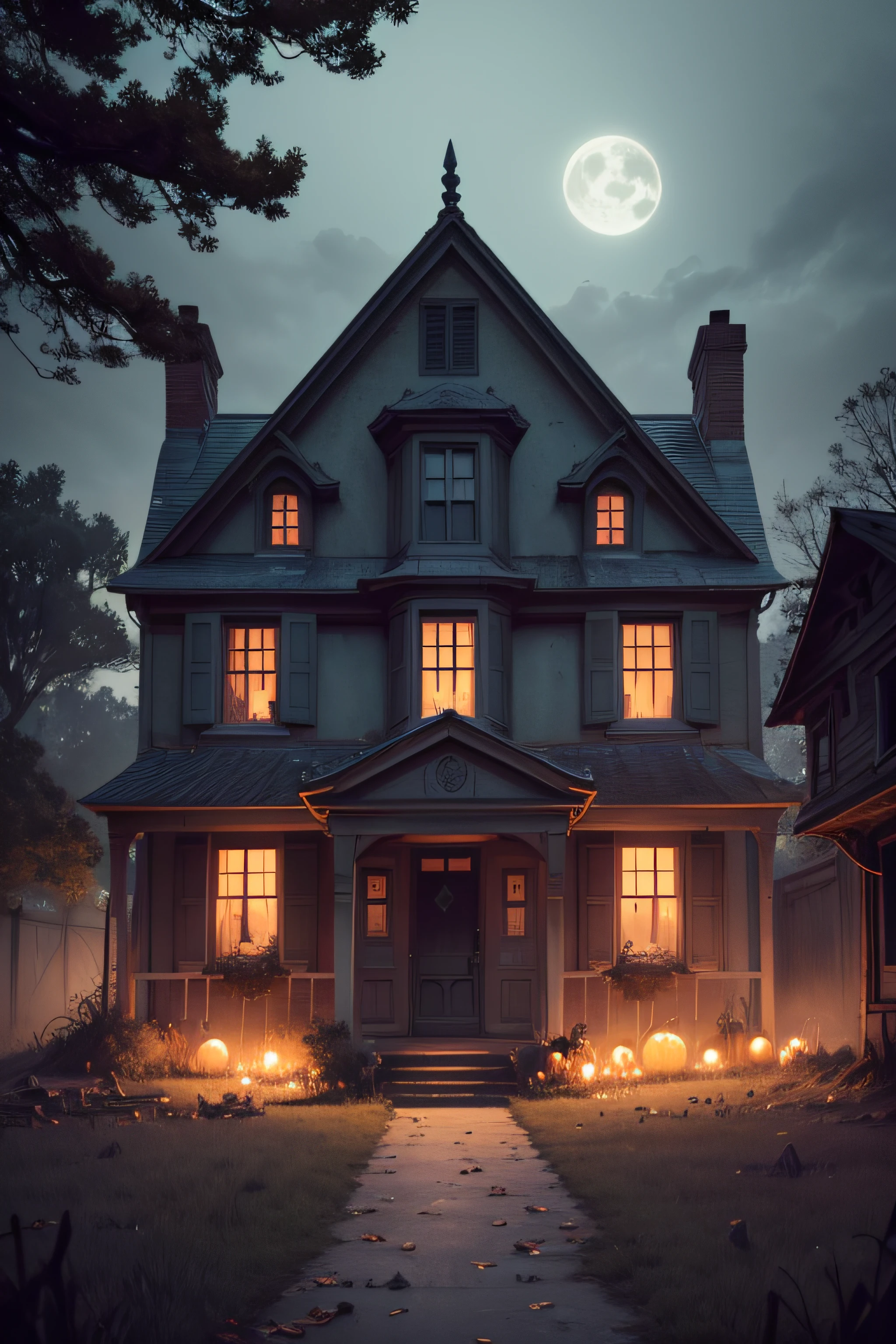 Imagine a misty evening, as twilight sets in. The sky, painted with hues of deep purple and midnight blue, casts an eerie glow over an old, decrepit house. The structure, once grand and majestic, now stands in a state of disrepair, its walls and roof battered by time and nature. The windows are shattered, and ivy creeps up its walls, looking as if the house is being reclaimed by nature. On one of the house's faded, peeling walls, there's a freshly pasted landscape Halloween poster. The contrast is striking: the vibrant and spooky artwork of witches, pumpkins, and full moons stands out vividly against the old, haunted backdrop of the building. Fallen autumn leaves scatter around, and a gust of wind occasionally rustles them, making it seem like the ground is alive. In the distance, the hoot of an owl can be heard, and closer, the chirping of crickets. There's a stillness in the air, only occasionally broken by the distant laughter of children trick or treating. This old building, with its haunting aura and the bright poster, becomes the perfect paradox of Halloween: where past meets present, and fear meets fun.*