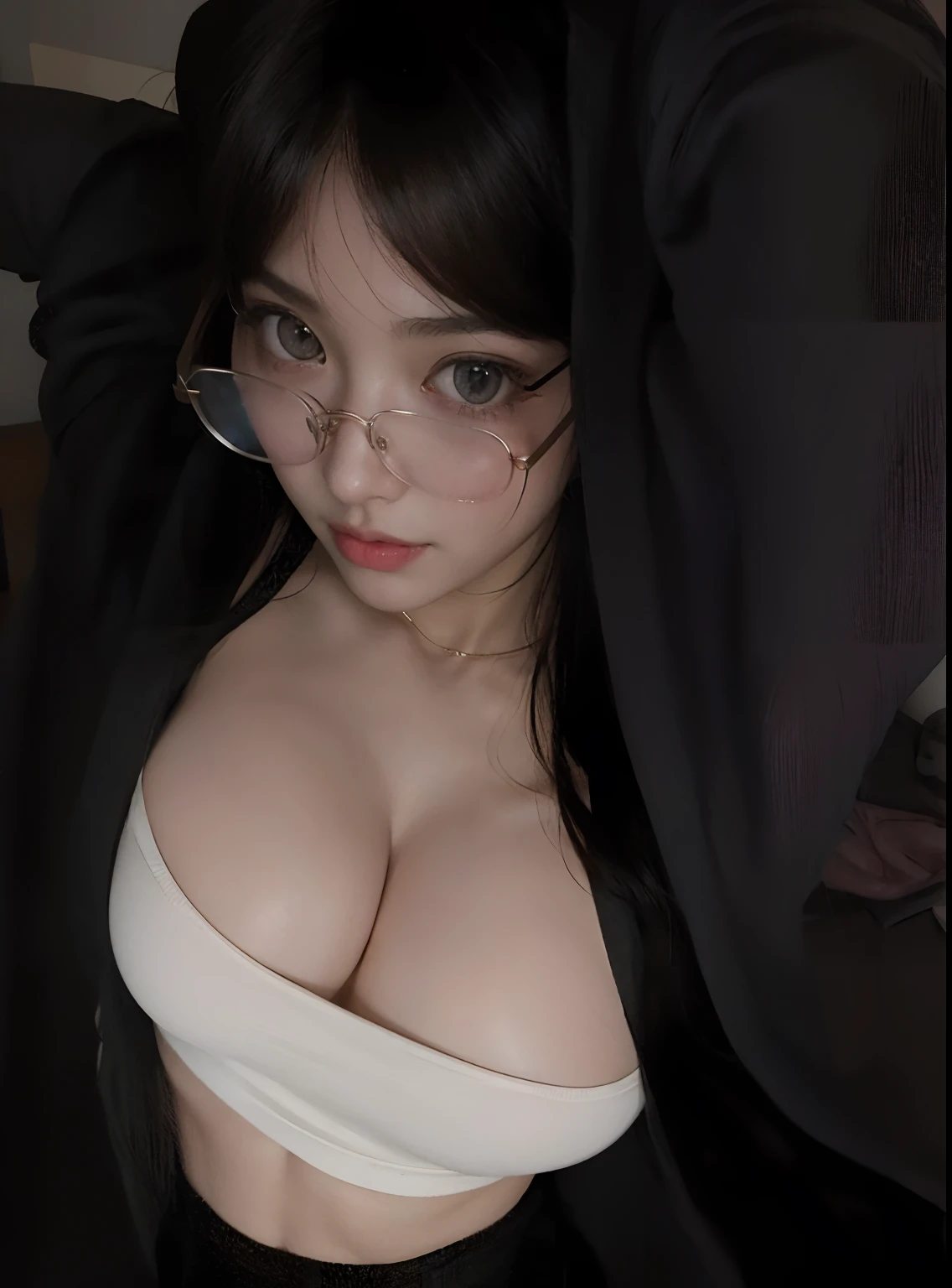 a close up of a woman with glasses and a white top, with glasses, cleavage, seductive anime girl, oppai, [32k hd]^10, sakimichan, 1 8 yo, 奈良美智, sexy girl, sie boob, (sfw) safe for work, thick glasses, Best picture quality, masterpiece, ultra high resolution, 8k, cleavage, big boobs, bust detail, hair detail, eye detail, sharp eyes, thin smile, professional lighting