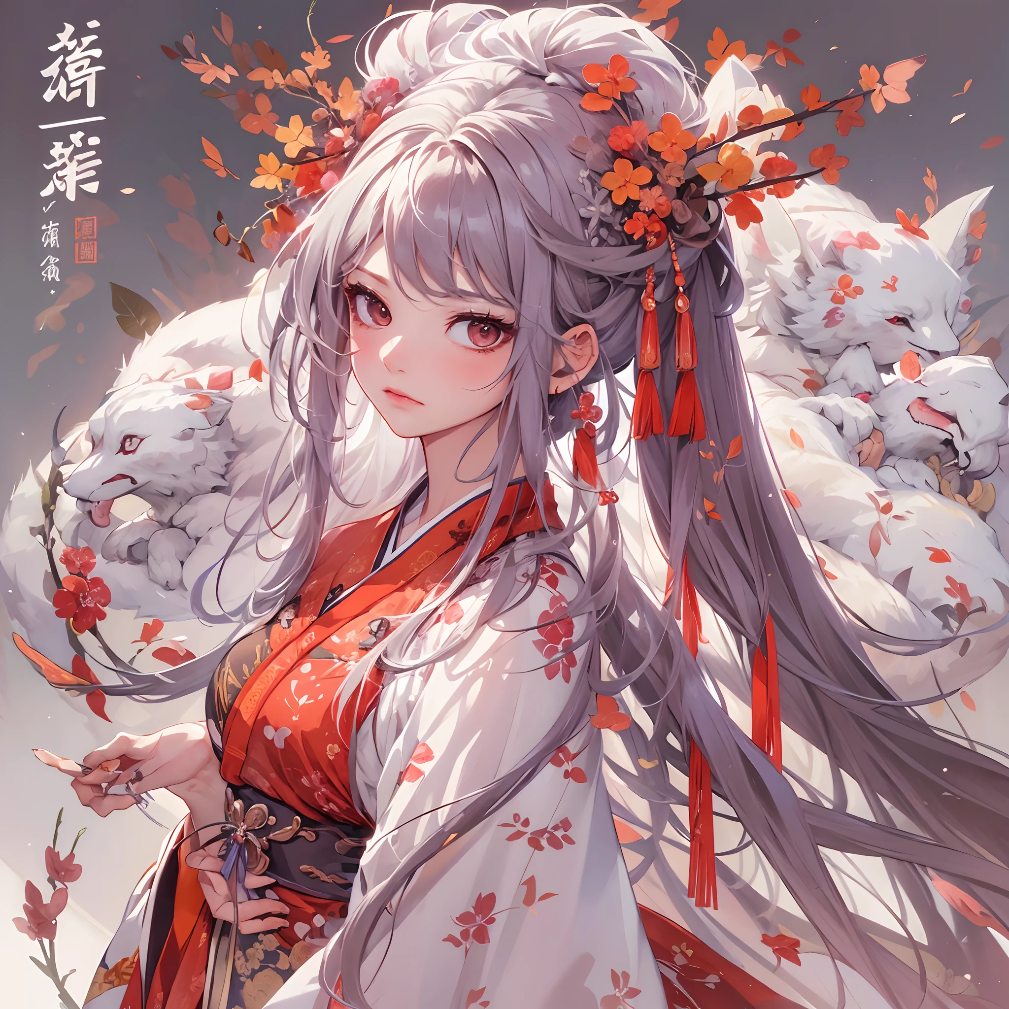 ((Masterpiece, Highest quality)), Detailed face, CharacterDesignSheet, full bodyesbian, Full of details, Multiple poses and expressions, Highly detailed, Depth, Many parts,Beautiful Chinese girl,National style,red color Hanfu,Spirit beasts,gossamer,estilo fantasia,Extremely beautiful,High Balance, Natural light,Clover decoration
