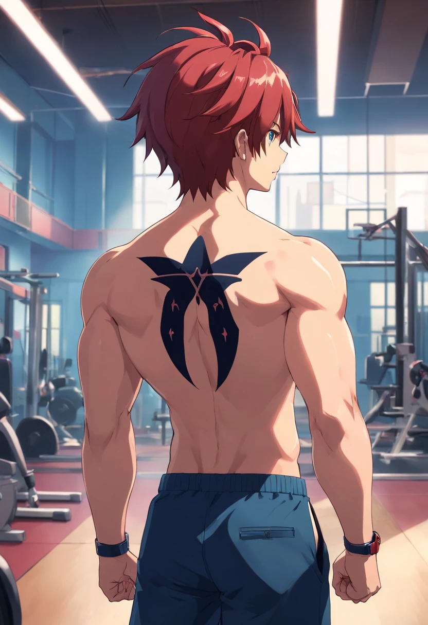 Yuijiro Hanma, Anime characters, standing in a gym, The back is decorated with a devil's tattoo. His back is muscular and defined, The focus of his intense workouts. His red hair was wild and unruly, and his black pants were tight to his body.