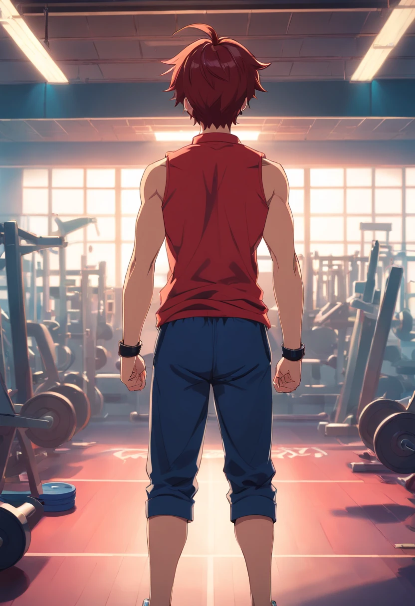 Yuijiro Hanma, Anime characters, standing in a gym, The back is decorated with a devil's tattoo. His back is muscular and defined, The focus of his intense workouts. His red hair was wild and unruly, and his black pants were tight to his body.
