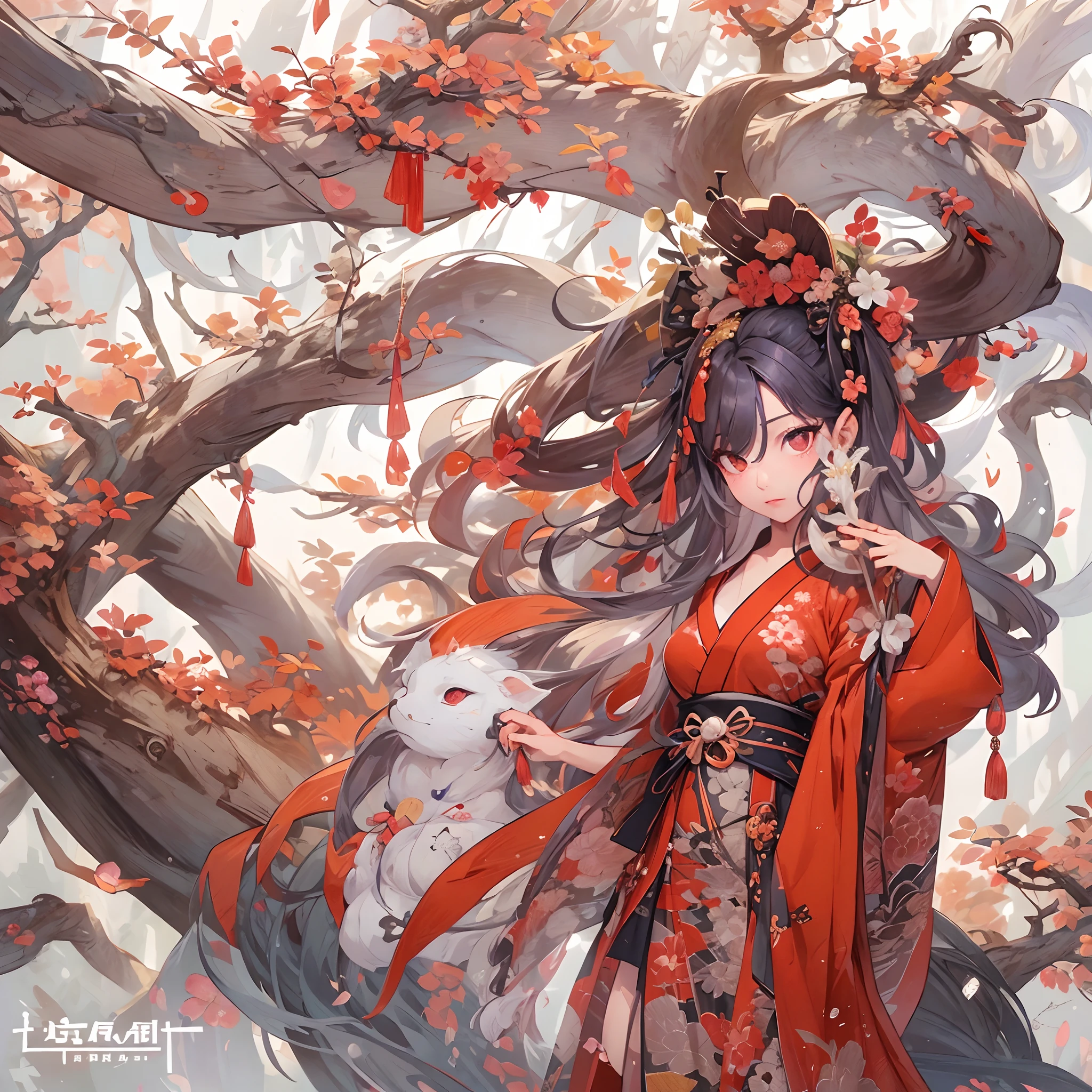 ((Masterpiece, Highest quality)), Detailed face, CharacterDesignSheet, full bodyesbian, Full of details, Multiple poses and expressions, Highly detailed, Depth, Many parts,Beautiful Chinese girl,National style,red color Hanfu,Spirit beasts,gossamer,estilo fantasia,Extremely beautiful,High Balance, Natural light,Clover decoration