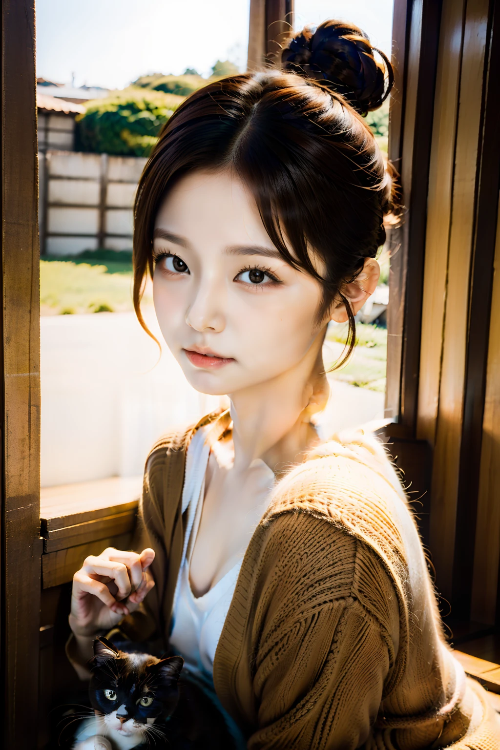 top-quality、Girl holding a black cat、Cute little girl s、Bun hair with brown hair tied、cat、Natural look、longshot、Natural light