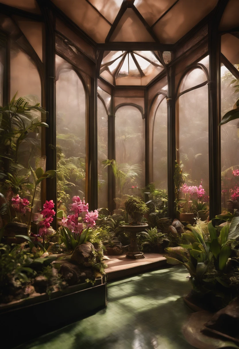 A Gloria Studio Orchid House, The garden is full of orchids, material de argila, estilo de design cartunesco, POP Mart, soft lighting, linhas suaves, Lentes Tilt-Shift, detailed science fiction illustrations, Detalhes hiper-realistas, cor pastel