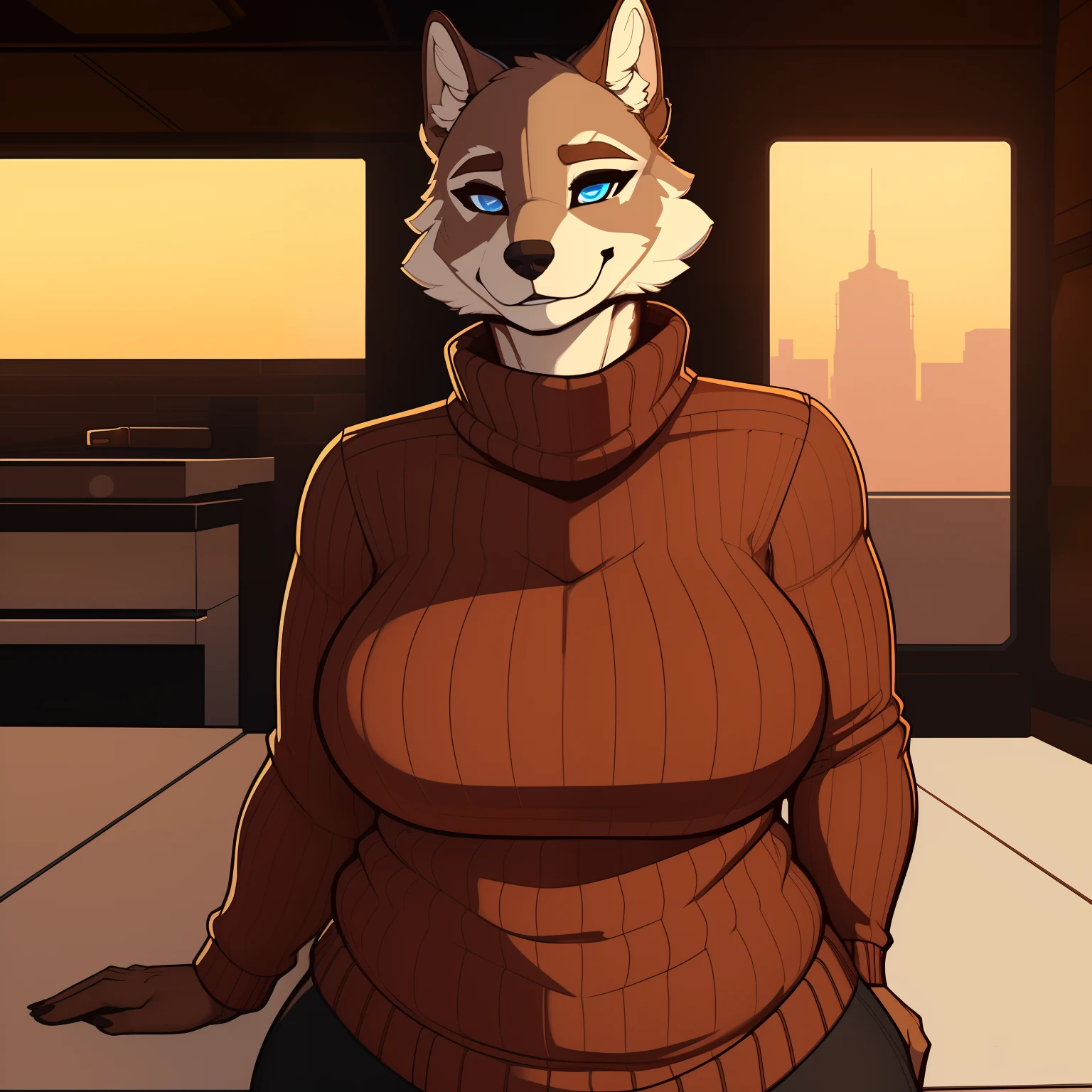 Athletic_Mature_timberwolf female brown_furry_body purple_eyes milf very_fluffy large_breasts cardigan sweater pants solo Masterpiece best_quality absurdres highly_detailed cleanly_drawn_eyes anthro_only embarrassed_smile by_claweddrip, by_greasymojo, by_underscore-b, by_runawaystride