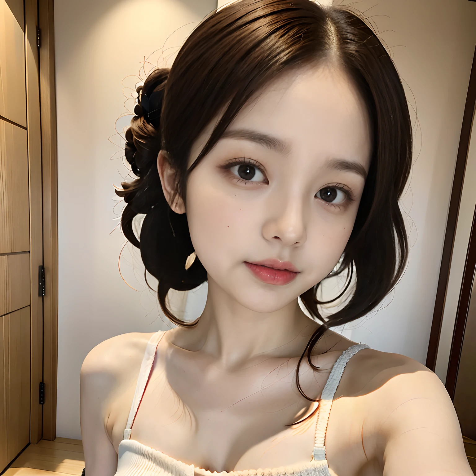 25 years Old woman, Naked, beauty face, thin, Updo hair style, medium breast