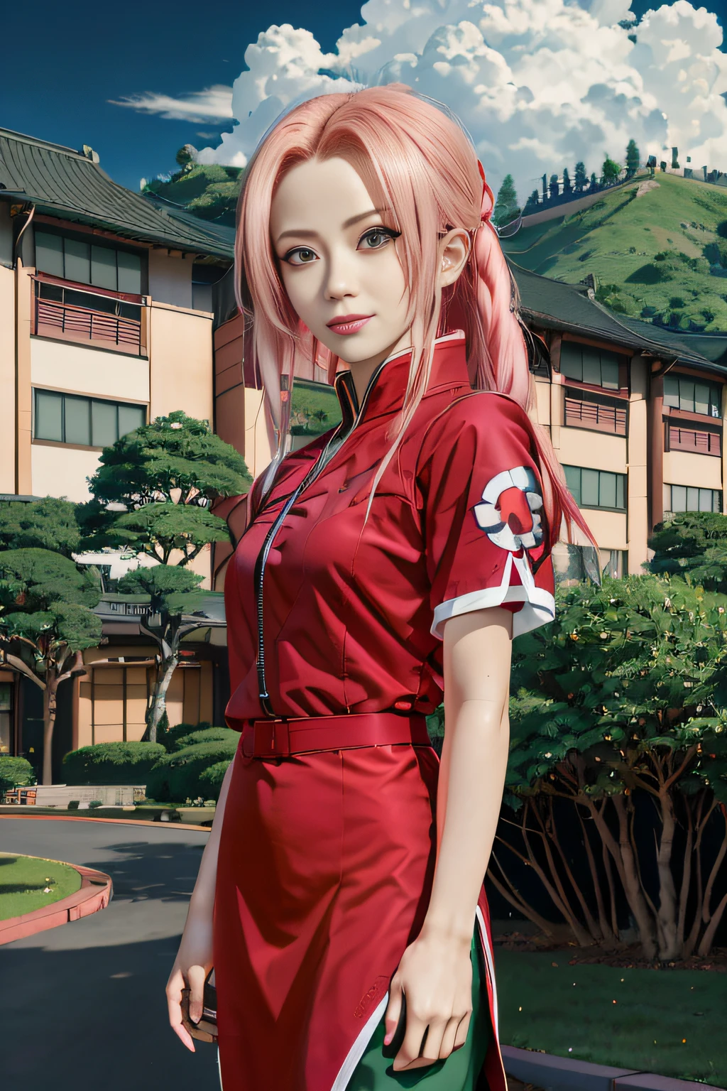 Anime girl in red and green dress standing in front of building, Sunny smile,Sakura Haruno, Sakura Haruno, sakura haruno in slug sage mode, from naruto, kunoichi, tsunade from naruto, Zerotwo, megumu okada, yayoi kasuma, offcial art, cushart kenz, cushart krentz, best anime character design