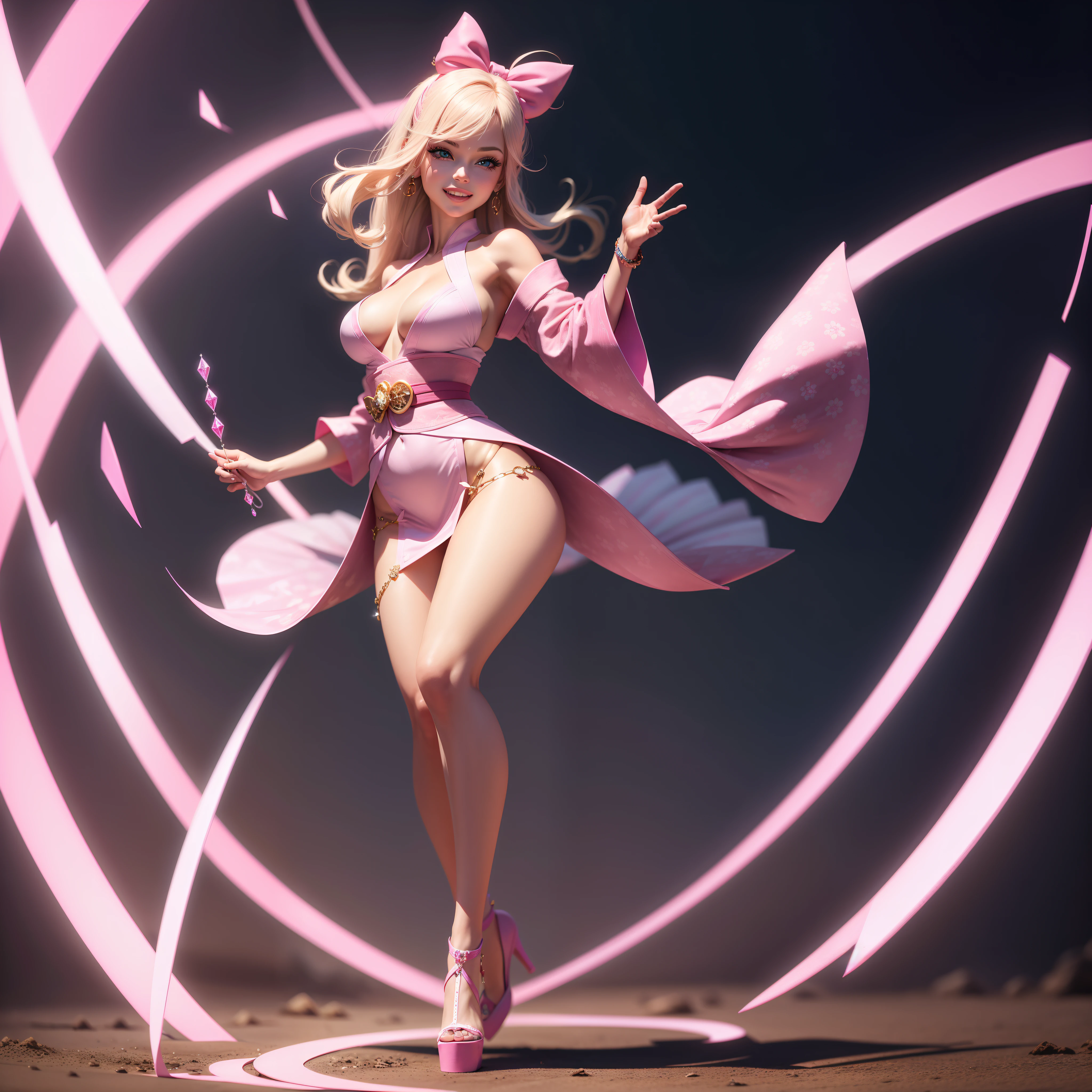 One Barbie, ((Full body)), Blue eyes, Smiling face, Hair loss swaying in the wind, Hip Hop Singer Pose, Dressed in hip-hop style, Wearing a pink kimono that reflects light,swarovski,pasties,With a pink bow on the arm, Fashion, Extremely high quality, high details, 8K, clean back ground, in studio, ((Full body shot)),Align your fingers neatly,Accurate Hand Modeling,wave her hand,