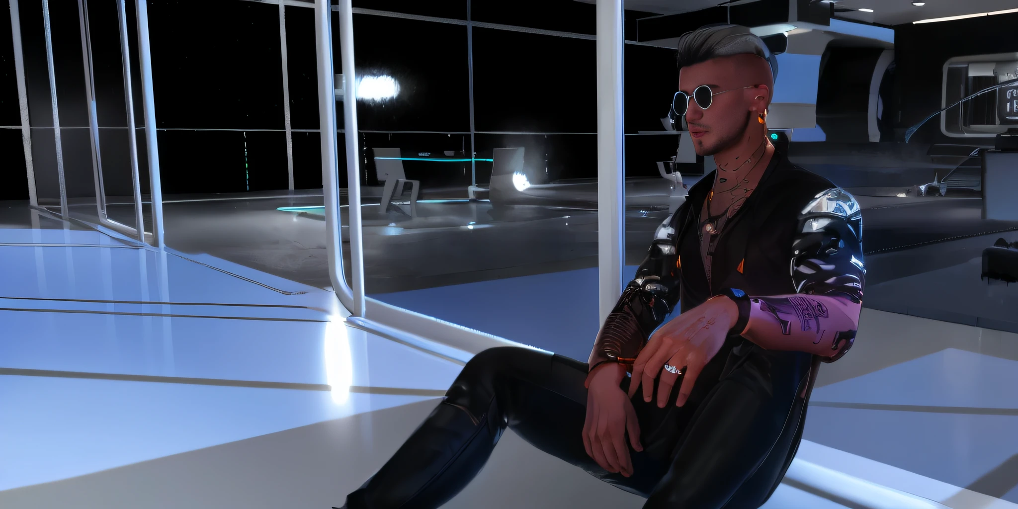 There's a man sitting on a ledge in a futuristic setting, Dans Cyber Punk 2077, Cyber Punk setting, dans un contexte Cyberpunk, assis dans un salon, mec cyberpunk, inspired by Aleksander Gine, wearing space techwear, Porter du cyberpunk, In a dark space mercenary outfit, mechanic punk outfit, Photo de mode cyborg, Tenue futuriste