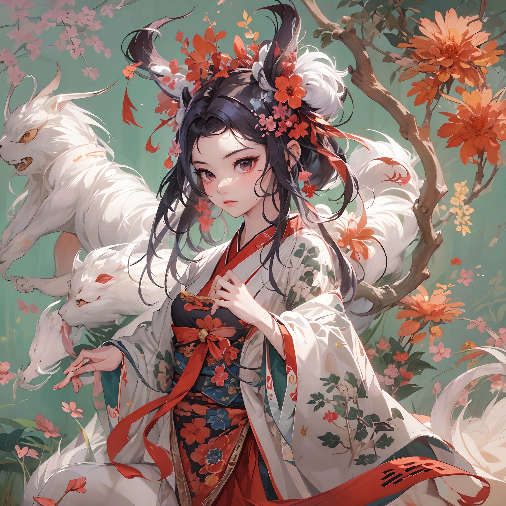 ((Masterpiece, Highest quality)), Detailed face, CharacterDesignSheet， full bodyesbian, Full of details, Multiple poses and expressions, Highly detailed, Depth, Many parts，Beautiful Chinese girl，National style，red color Hanfu，Spirit beasts，gossamer，estilo fantasia，Extremely beautiful，High Balance, Natural light,Clover decoration