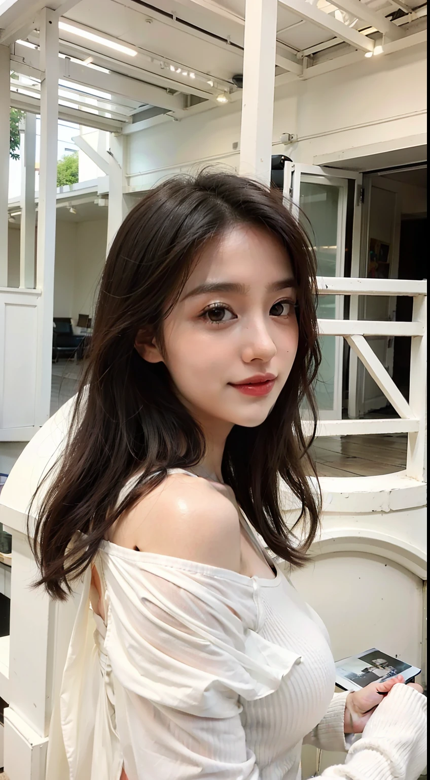 araffe woman in a white dress posing for a picture, dilraba dilmurat, cindy avelino, anime thai girl, 2 7 years old, 2 8 years old, nivanh chanthara, 2 9 years old, 21 years old, mai anh tran, 2 3 years old, leaked image, kimi vera, gemma chen, Best picture quality, masterpiece, ultra high resolution, 8k, cleavage, big boobs, bust detail, hair detail, eye detail, sharp eyes, thin smile, professional lighting