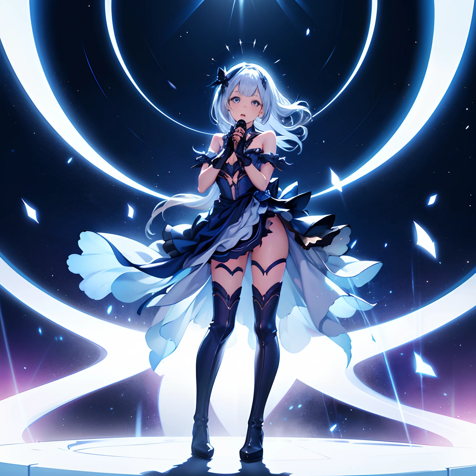 1girl, highest quality, best quality, , highly detailed, best illustration, glowing hair, ray tracing, masterpiece, white background, simple background, depth of field, idol_costume, idol_costume, knee boots, 1girl, solo, idol, full body,standing, holding microphone, singing,