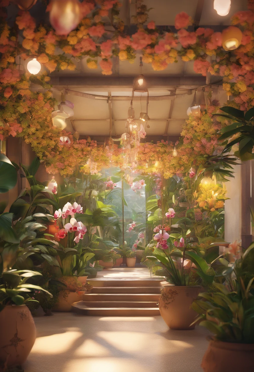 A Gloria Studio Orchid House, The garden is full of orchids, material de argila, estilo de design cartunesco, POP Mart, soft lighting, linhas suaves, Lentes Tilt-Shift, detailed science fiction illustrations, Detalhes hiper-realistas, cor quente