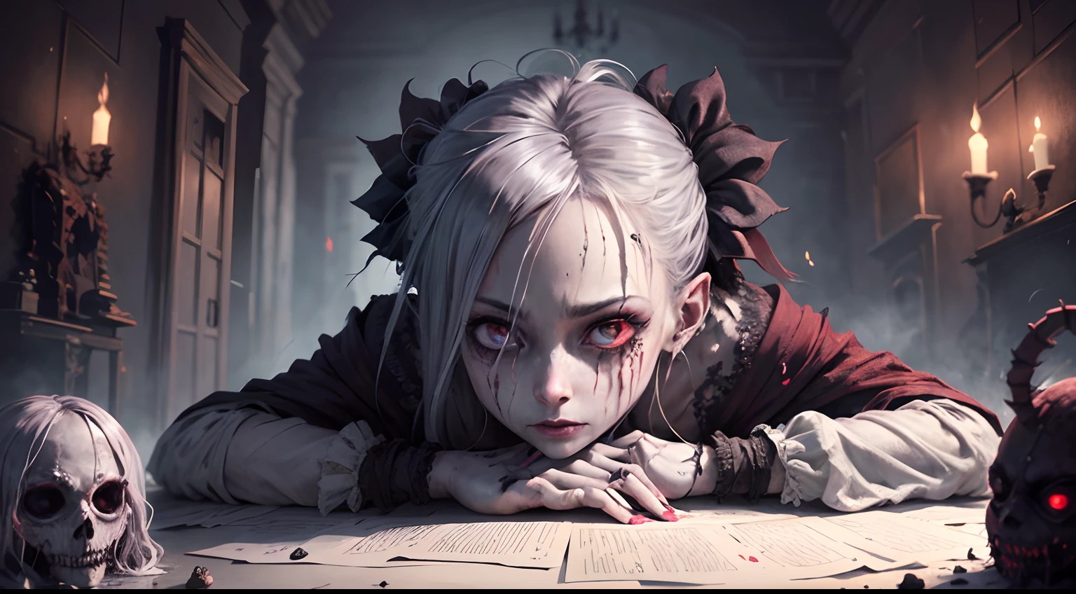 A very pal humanoid character, aux yeux rouges, Elle est folle, Noix, horreur, Elle est effrayante, Elle est effrayante, Valeur de choc, very diabolical, Elle est maigre, evoke, Peur, terreur, terreur, pourrir, disgust, elle est psychopathe, Sombre, Exceptionnellement mince, mince, Scraggly, emaciated, tordu, effrayant, Malade, Background ruins, Blanc long_robe, gore, sanglant_mains, seulement, corps entier, (messy_long_Sombre_cheveux), bosseler, Mauvais yeux, les yeux brillants, fire in the background, (She wears a very dirty old torn_blanc_robe), psychopathe, leaning on a sofa, crossing legs