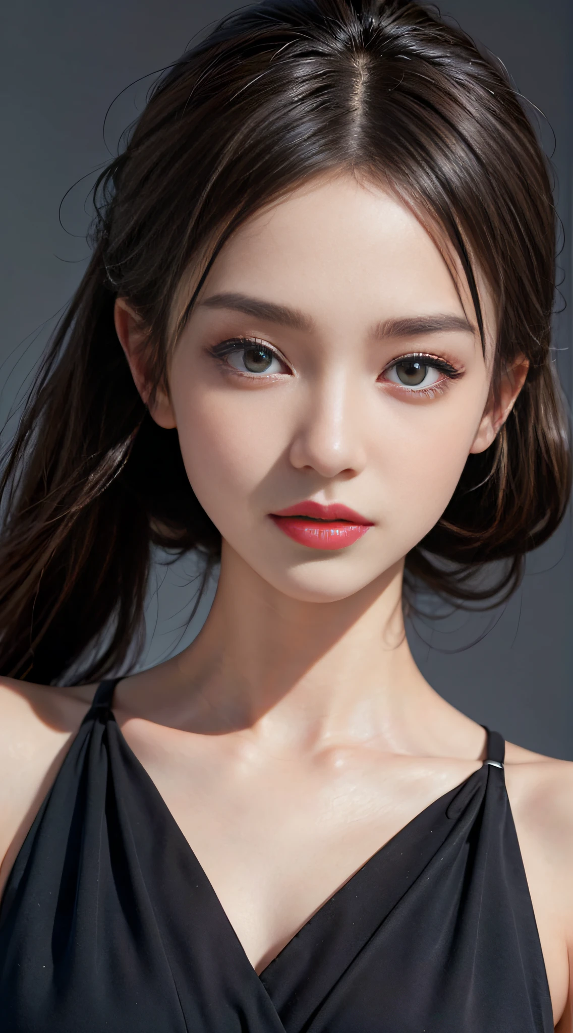 ((masterpiece:1.4)、(top-quality:1.4)、(reallistic:1.7))、masuter piece:1.4、Kawaii Girl、Portrait photo of a girl、Close-up photos、Upper body photography、beautiful countenance、kawaii faces、A detailed eye、Draw the eyes clearly, Beautiful and attractive eyes、beautidful eyes、Narrow waist、poneyTail、Raw photo、red-lips、1 screen display、