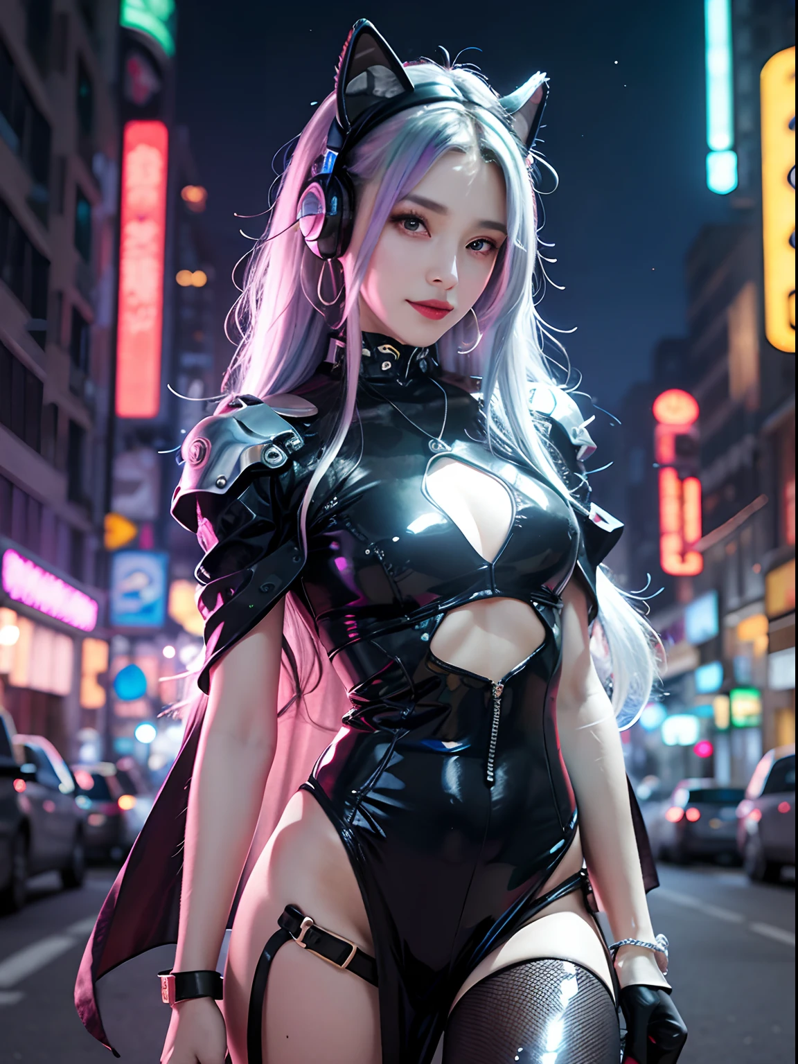 Background moon, big moon in the back, moon, 1 girl, Chinese_clothes, liquid silver metallic and rainbow colors, cyberhan clothes, cheongsam, cyberpunk city, dynamic pose, detail luminous headphones, luminous hair accessories, long hair, glowing earrings, glowing necklace, cyberpunk, high-tech city, full of mechanical and futuristic elements, futurism, technology, glowing neon lights, rainbow colors, rainbow color light, sexy skirt, transparent black cape, laser light, digital background city sky, big moon, There are vehicles, the best quality, masterpiece, 8K, character edge light, super high detail, high quality, the most beautiful woman in human beings, smile, face facing the front left and right symmetry, ear corner decoration, long antenna glow, beautiful pupils, light effects, visual data, silver rainbow hair dyeing hair, ultra-detailed facial texture, happy and proud, weapon system, crowded street passers-by, mecha style, wearing a glowing antenna on the head, deep eyes, far away, details of the entire city, candy color neon color matching, rainbow lights, only one character, There is only one main character, glowing boots,